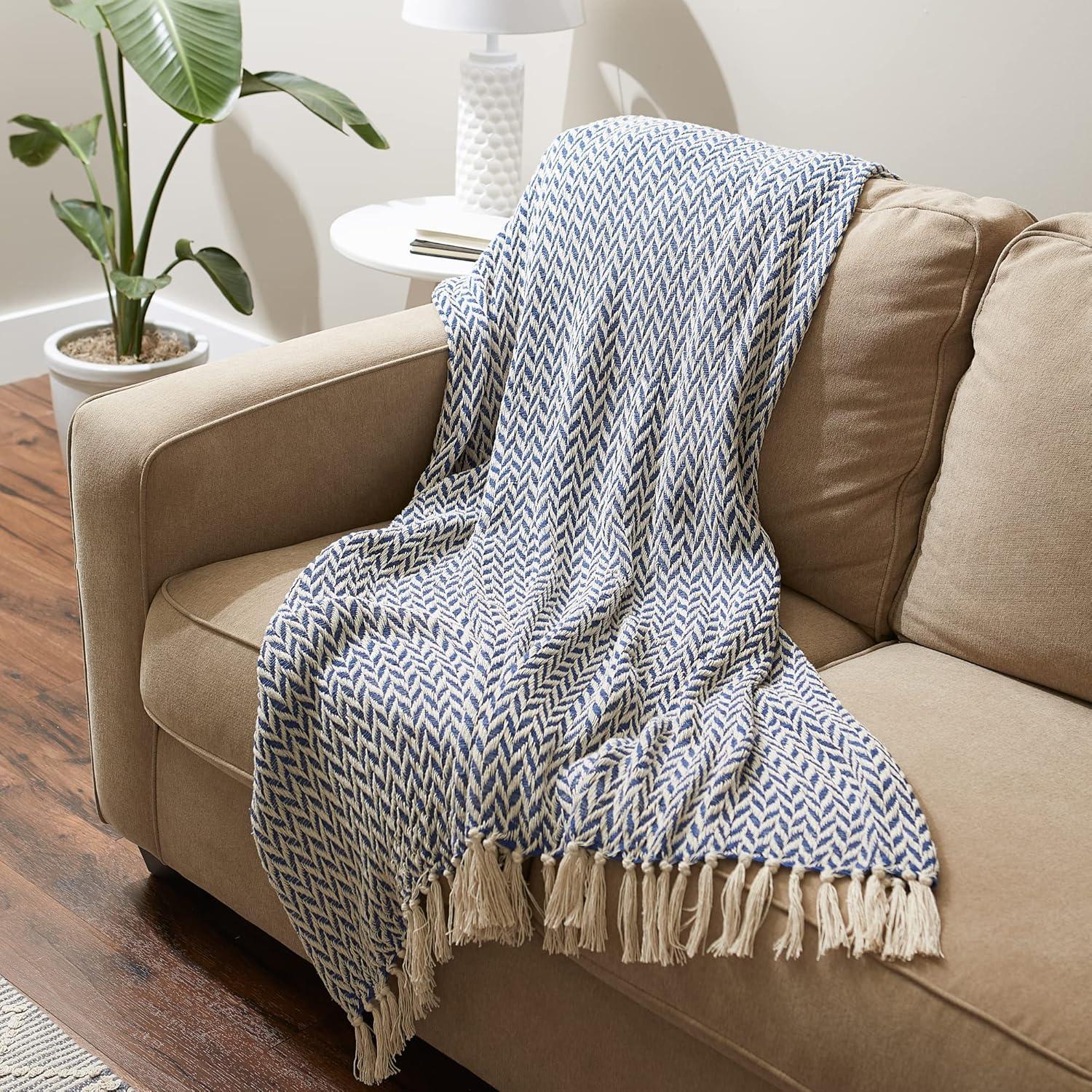 50"x60" Zig-Zag Throw Blanket French Blue - Design Imports: Woven Cotton, Hand-Knotted Fringe