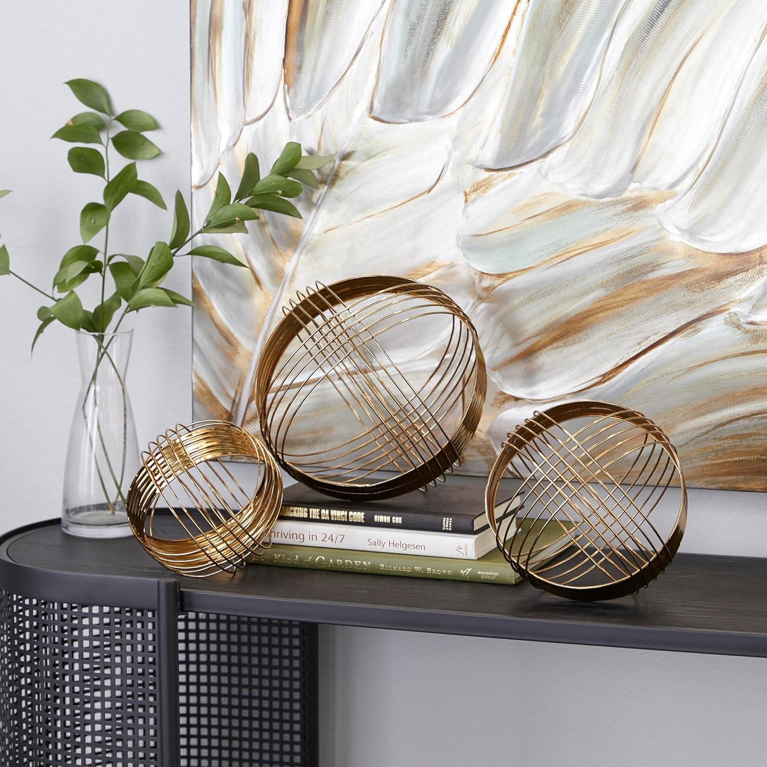 Gold Metal Geometric Wire Orb Sculptures, Set of 3