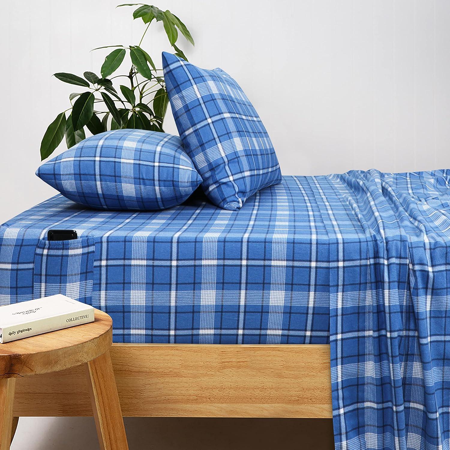 Queen Dark Blue Plaid Cotton Flannel Sheet Set