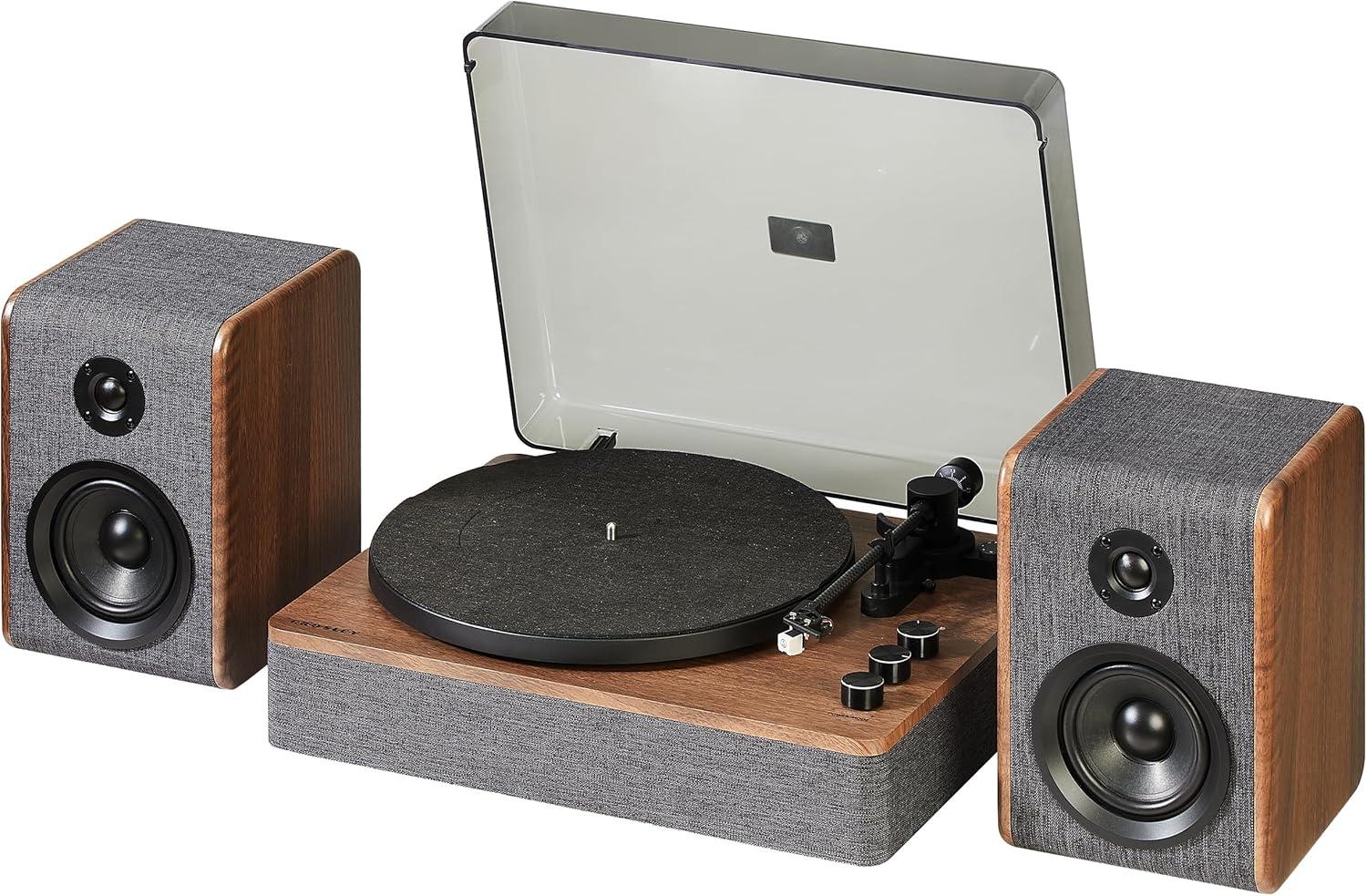 Charcoal and Brown Bluetooth Record Player with Speakers