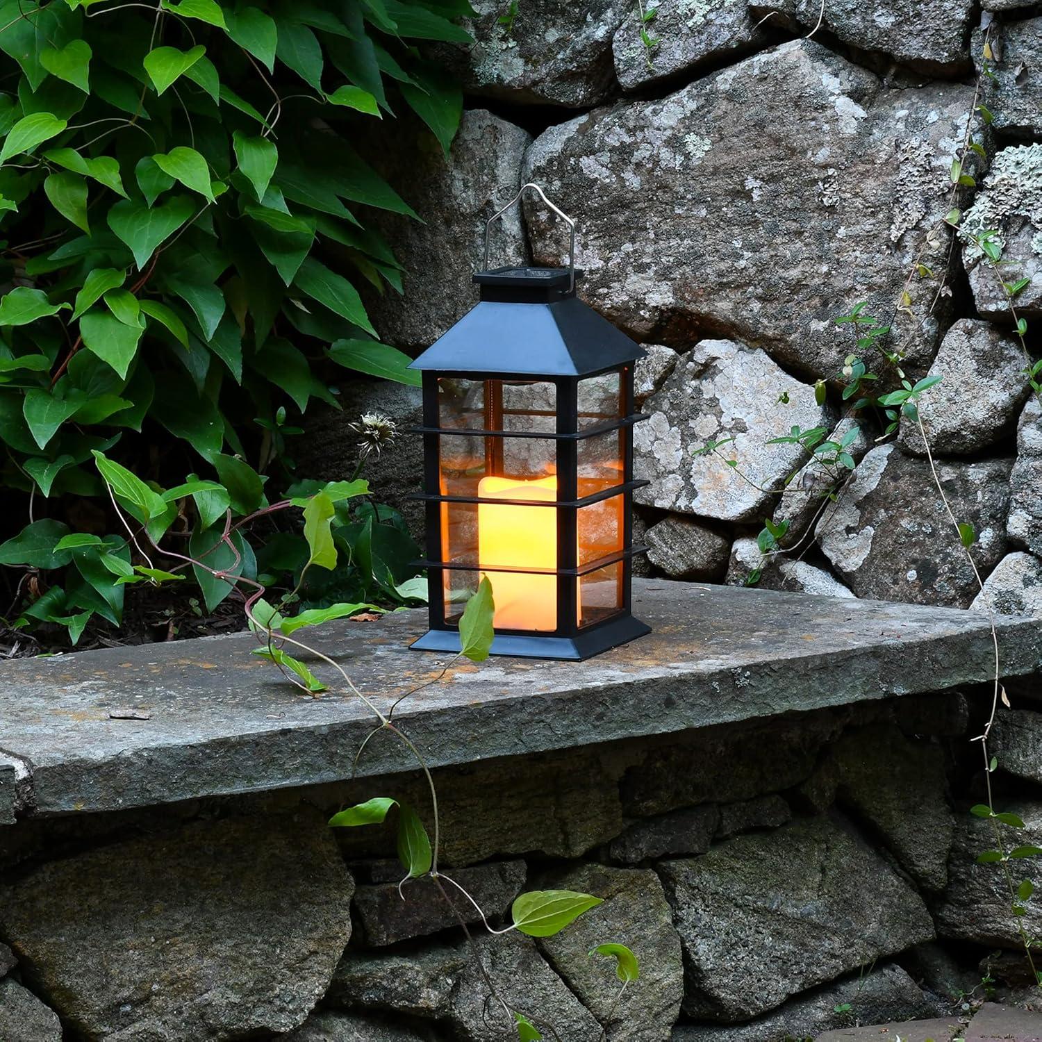 Black Solar Powered Lantern with LED Candle, 11 Inch