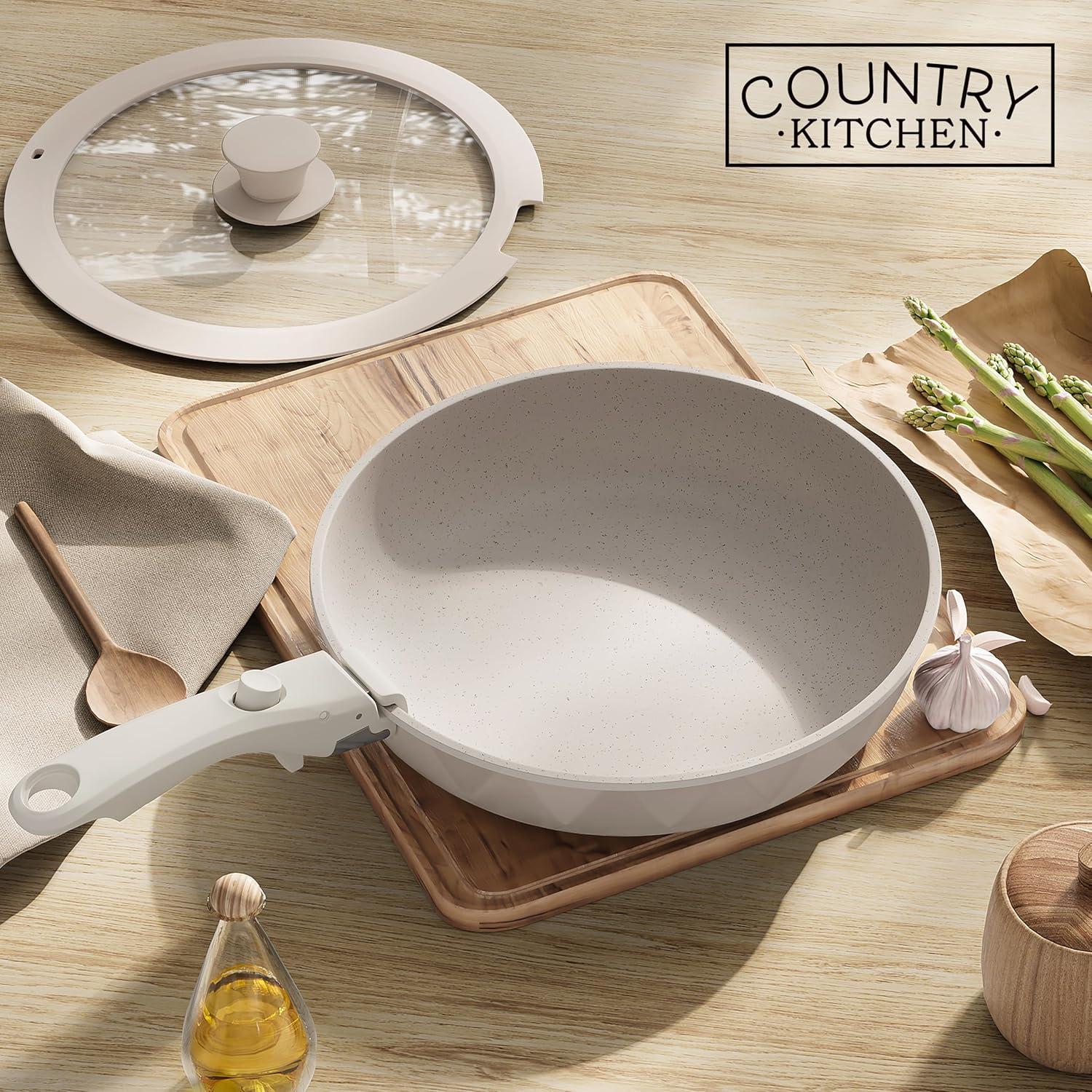 Country Kitchen 13-Pc Pots and Pans Set with Removable Handles Nonstick Cookware Set, Cream