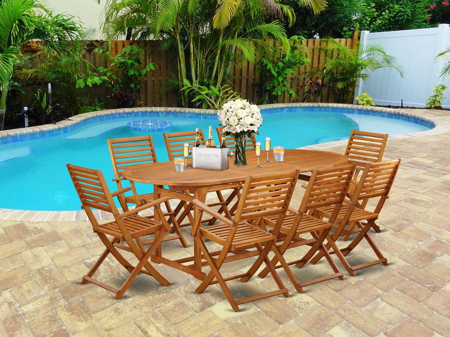 East West Furniture Beasley 9-piece Wood Outside Patio Dining Set in Natural Oil