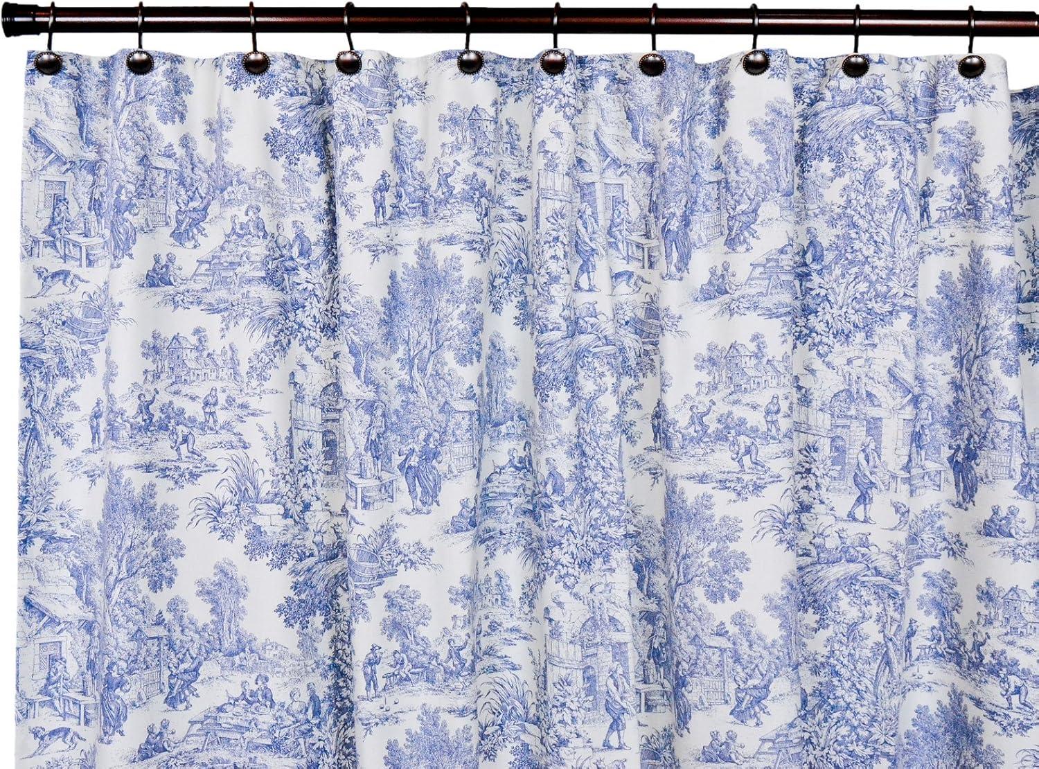 Victoria Park Toile Blue Cotton Blackout Shower Curtain 72 x 70