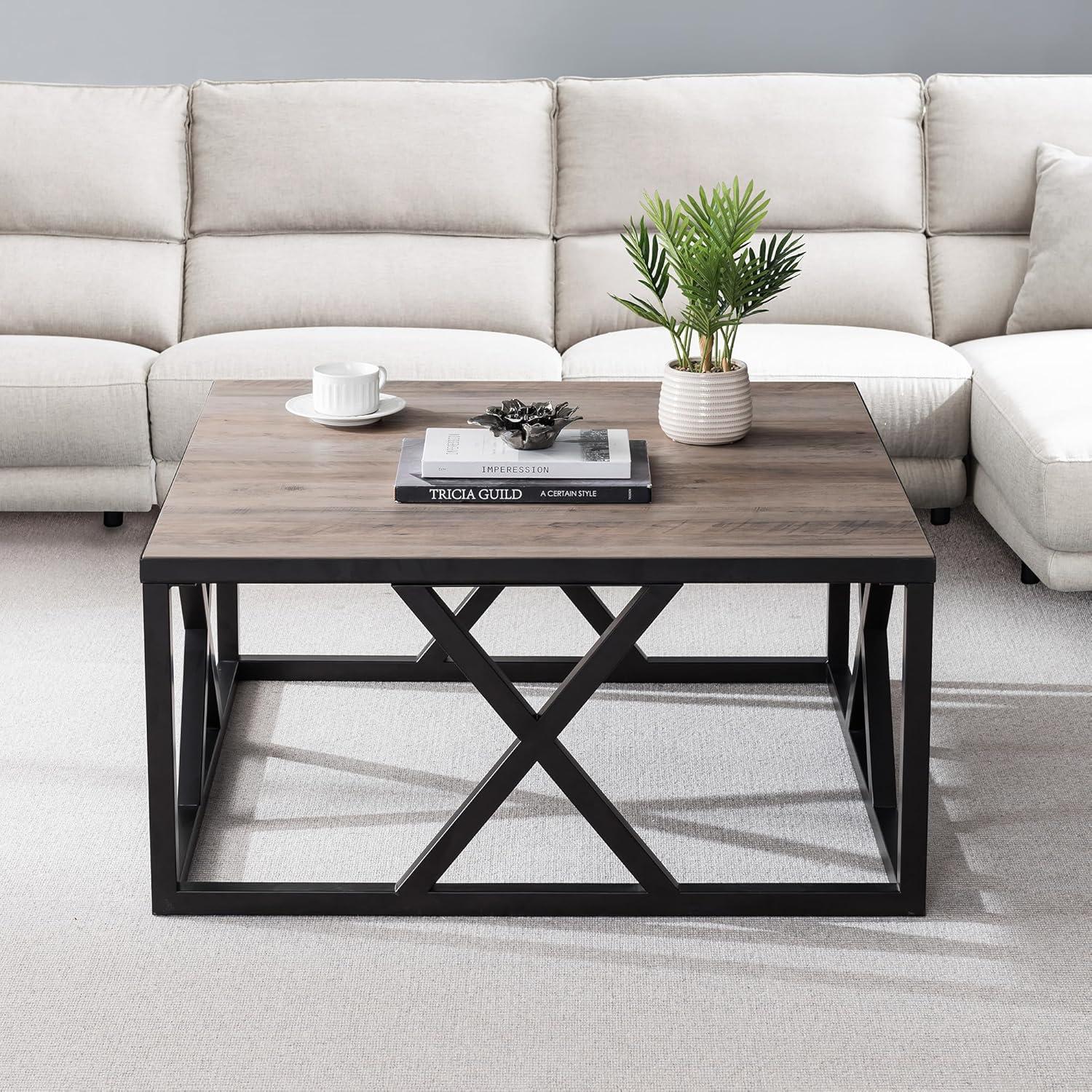 Henn&Hart Traditional Square Geometric Metal Coffee Table with Gray Oak Wood Top