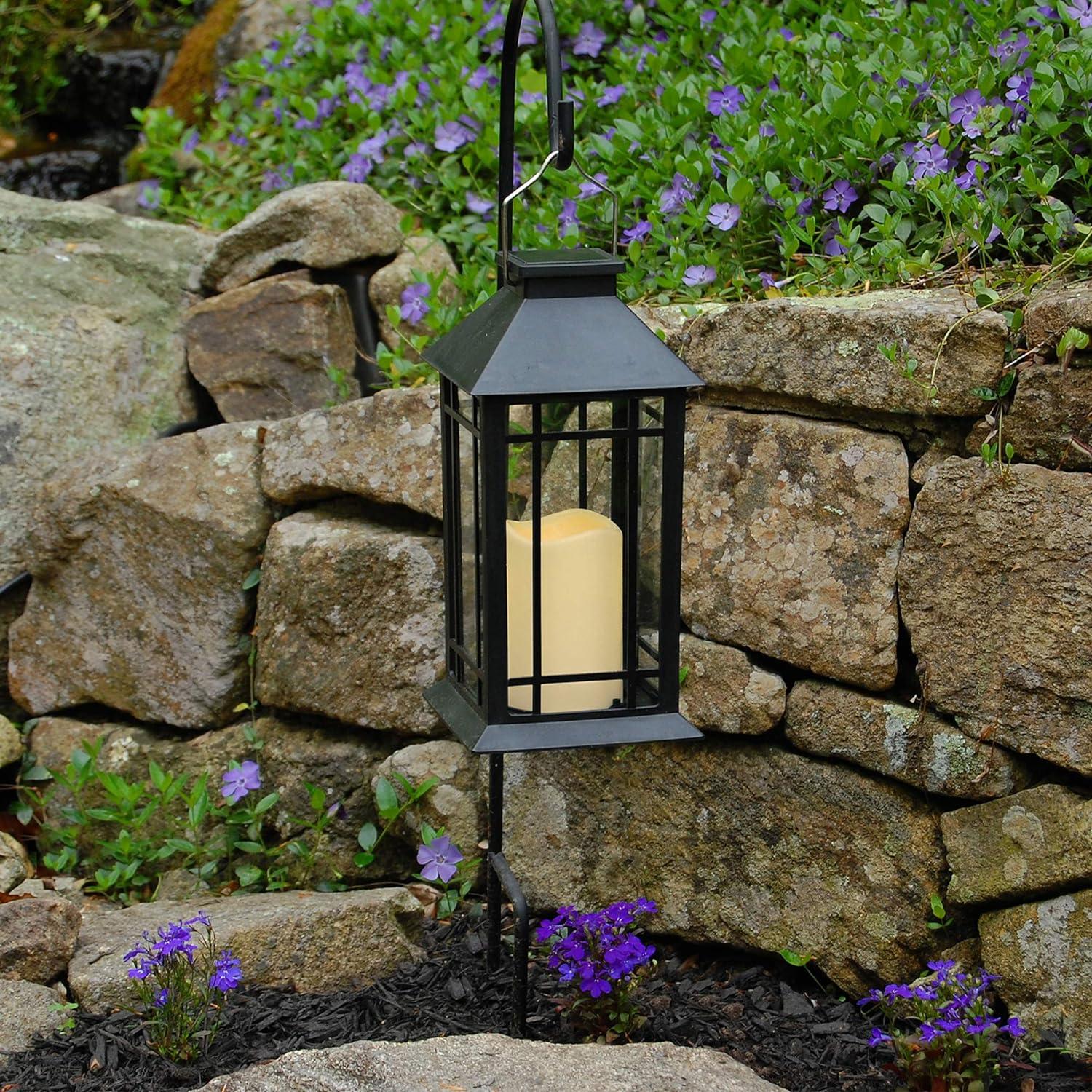 Black Solar Powered Hanging LED Lantern with Flickering Candle