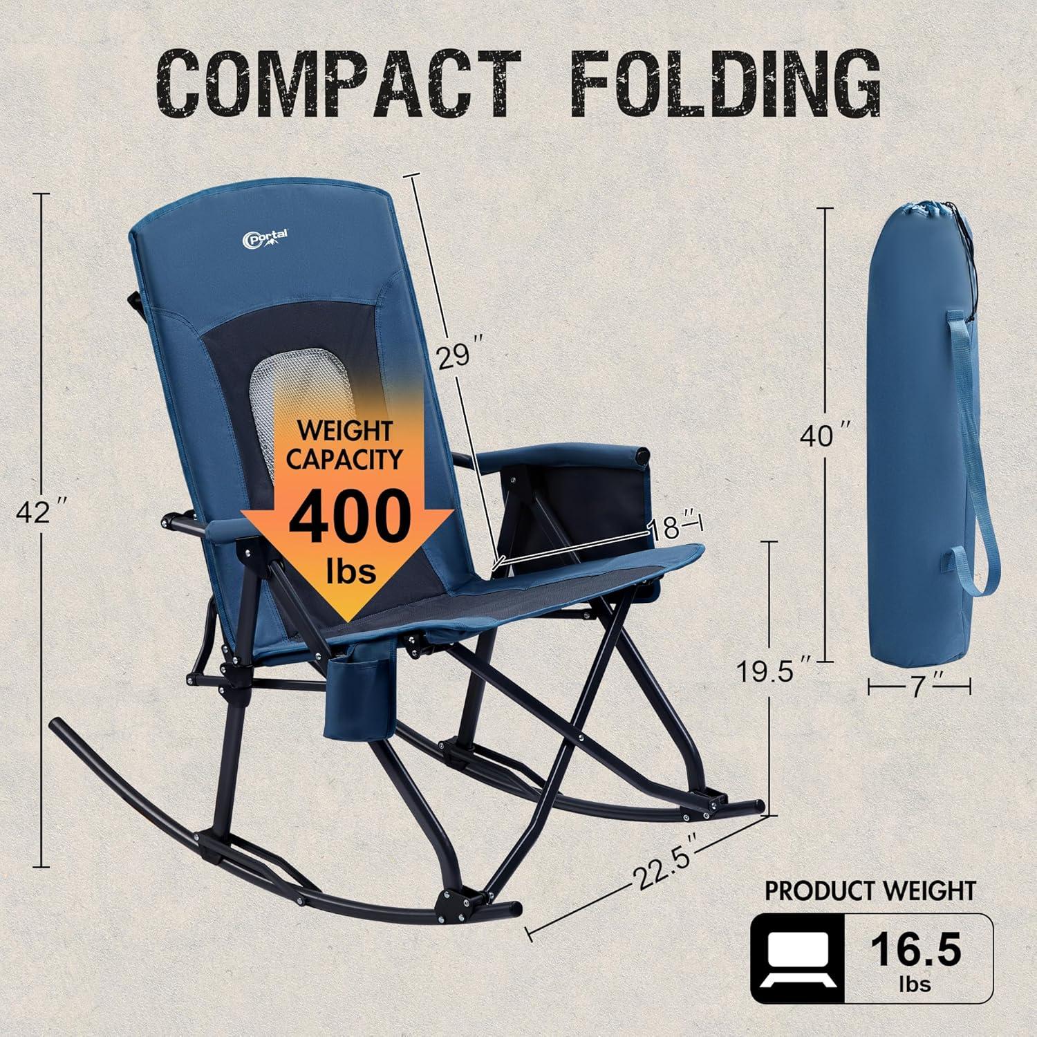 Blue Oversized Folding Rocking Camping Chair with Mesh Back and Armrests