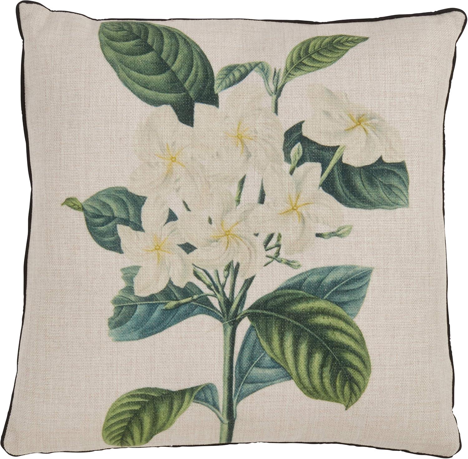 Gardenia Print Square Throw Pillow with Green Leaves