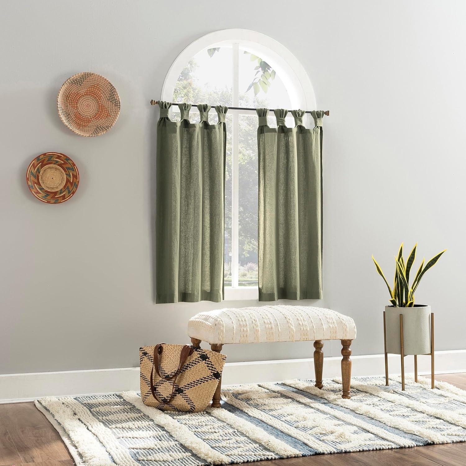 Moss Green Cotton Tab Top Sheer Kitchen Window Curtains, 52" x 36"