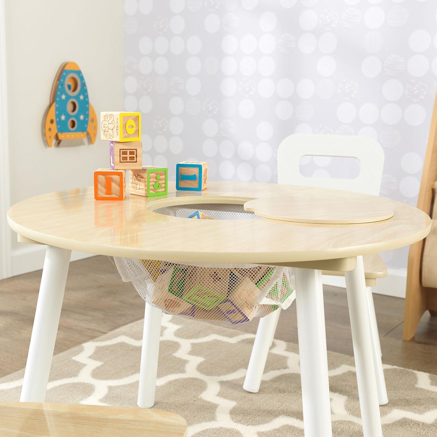 KidKraft Wooden Kids Round Storage Table & 2 Chair Set, Natural & White