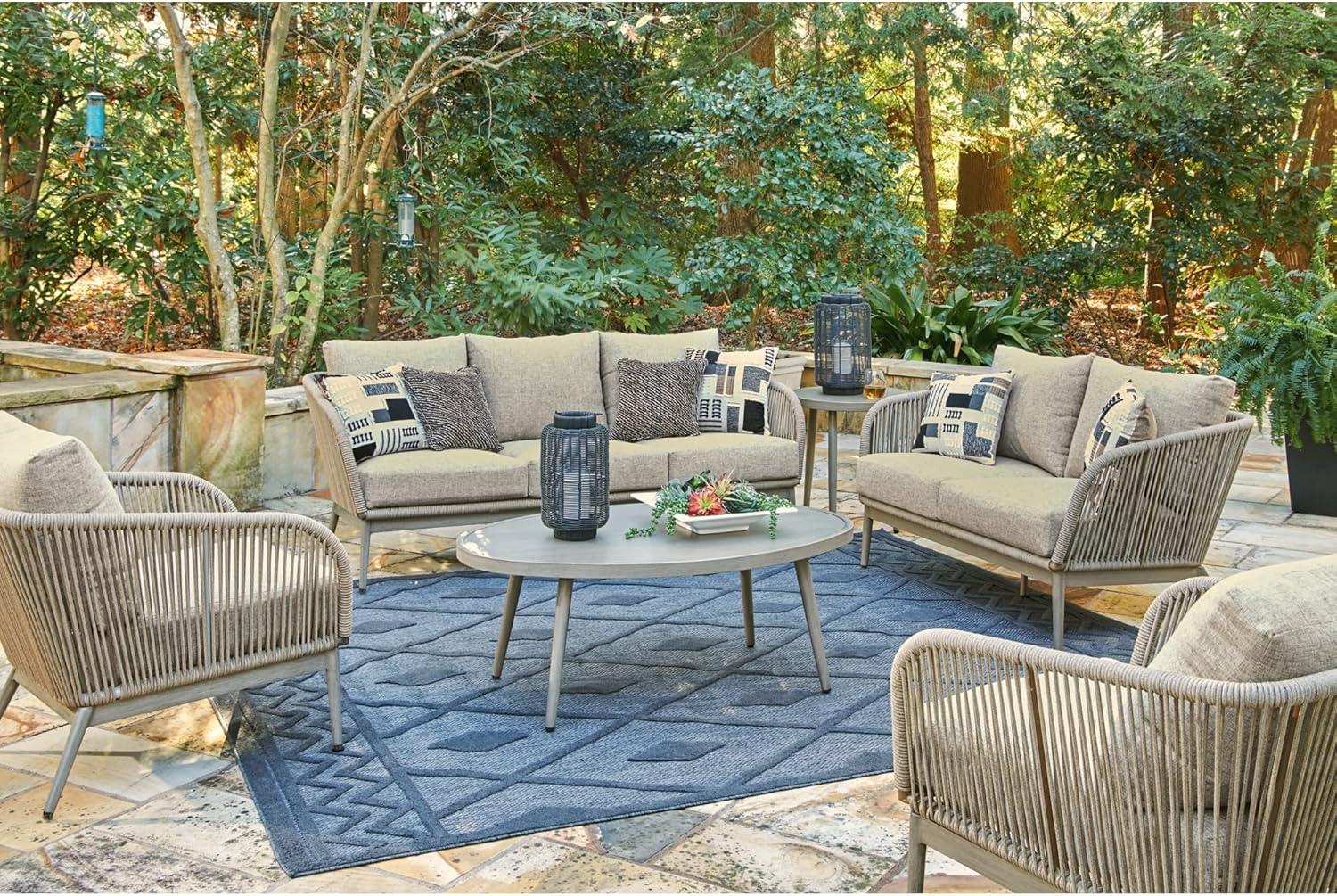 Beige Wicker and Wood Outdoor Loveseat with Cushions