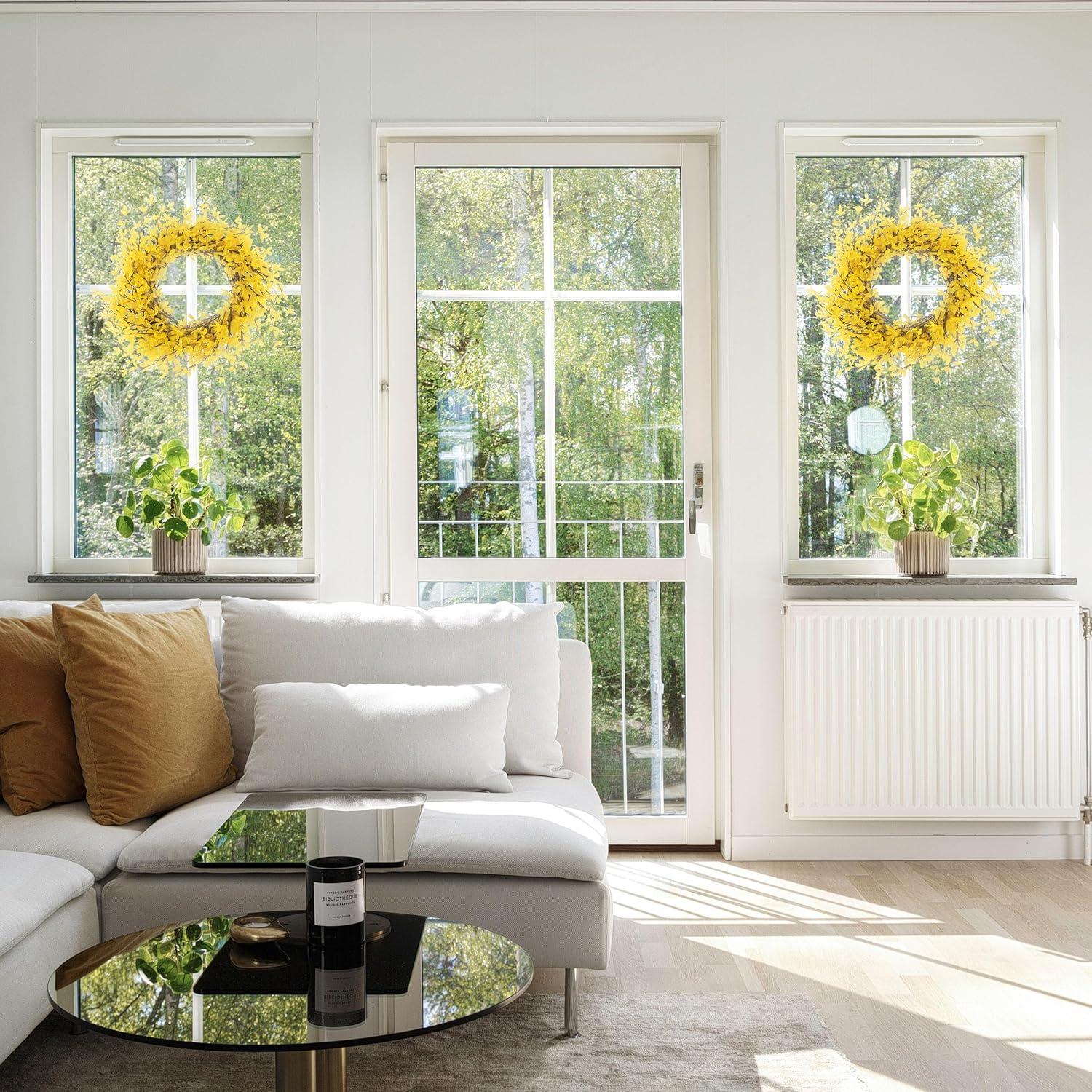 Pure Garden Set of Two 24-Inch Artificial Forsythia Wreaths for Home Decor