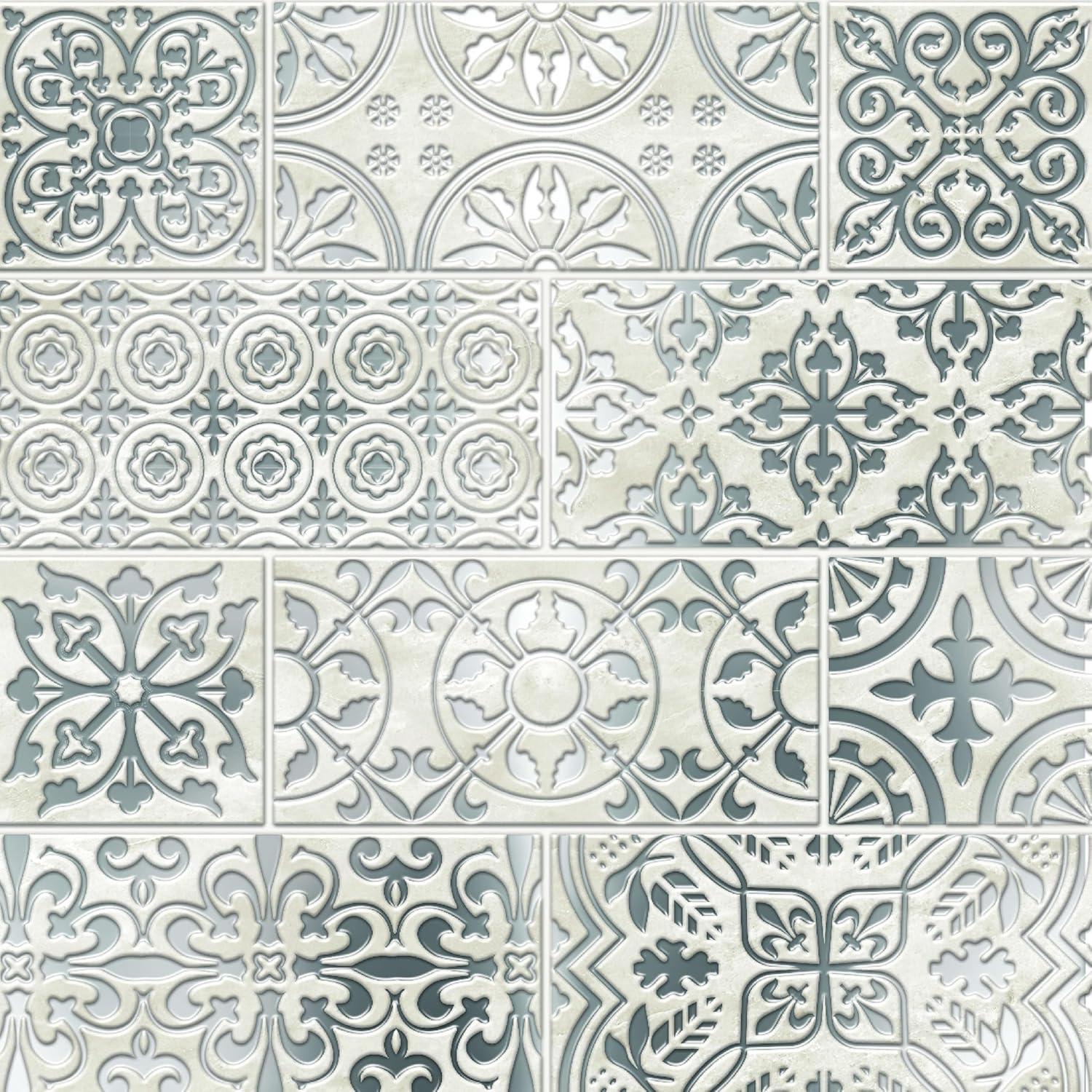 24-Pack of 8" x 8" Paper Peel and Stick Tiles. Metallic Embossed White Silver Inlay Backsplash. Removable Wallpaper for Walls, Backsplash, and Art Projects by Main Street Creations.