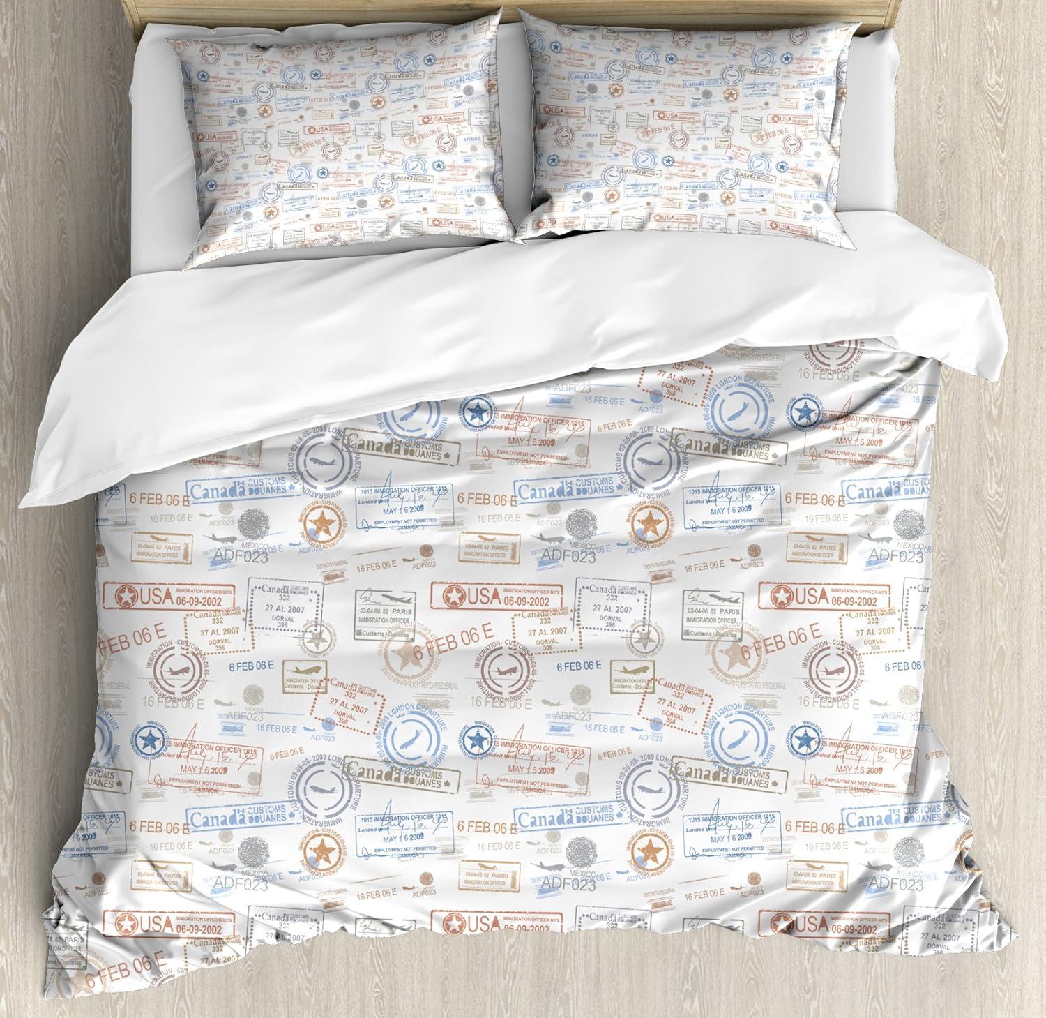 Ivory Orange Vintage Travel Stamps Queen Duvet Cover Set