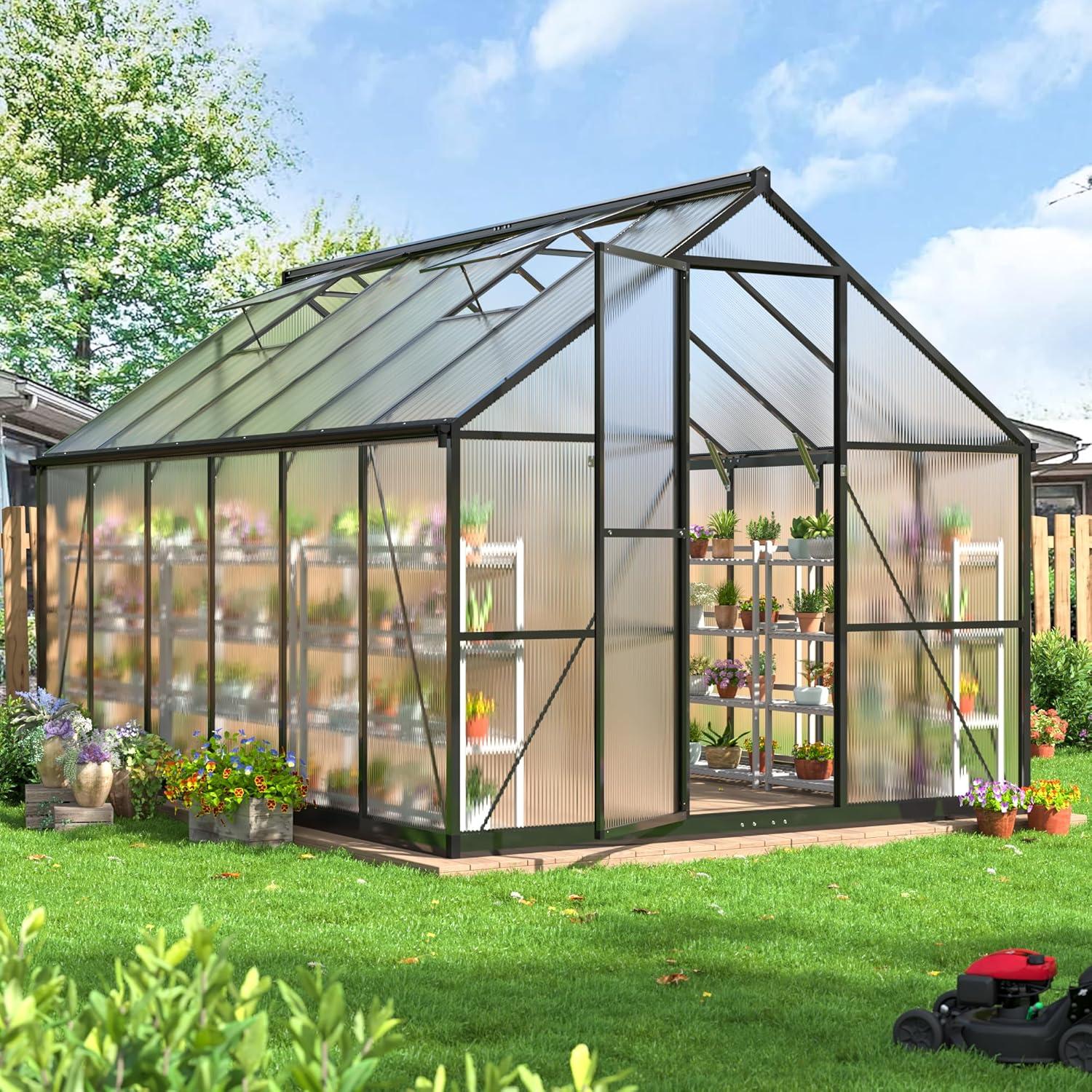 Black Aluminum Polycarbonate Walk-In Greenhouse 8x12 FT