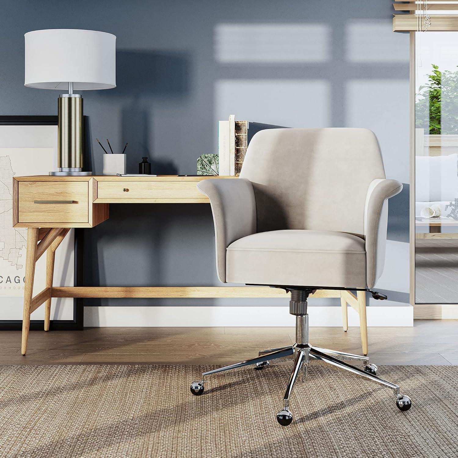 BELLEZE Modern Upholstered Velvet Desk Chair, Rolling Swivel Office Or Vanity Seating, Stylish Comfy Armchair With Easily Adjustable Height - Peyton (Beige)