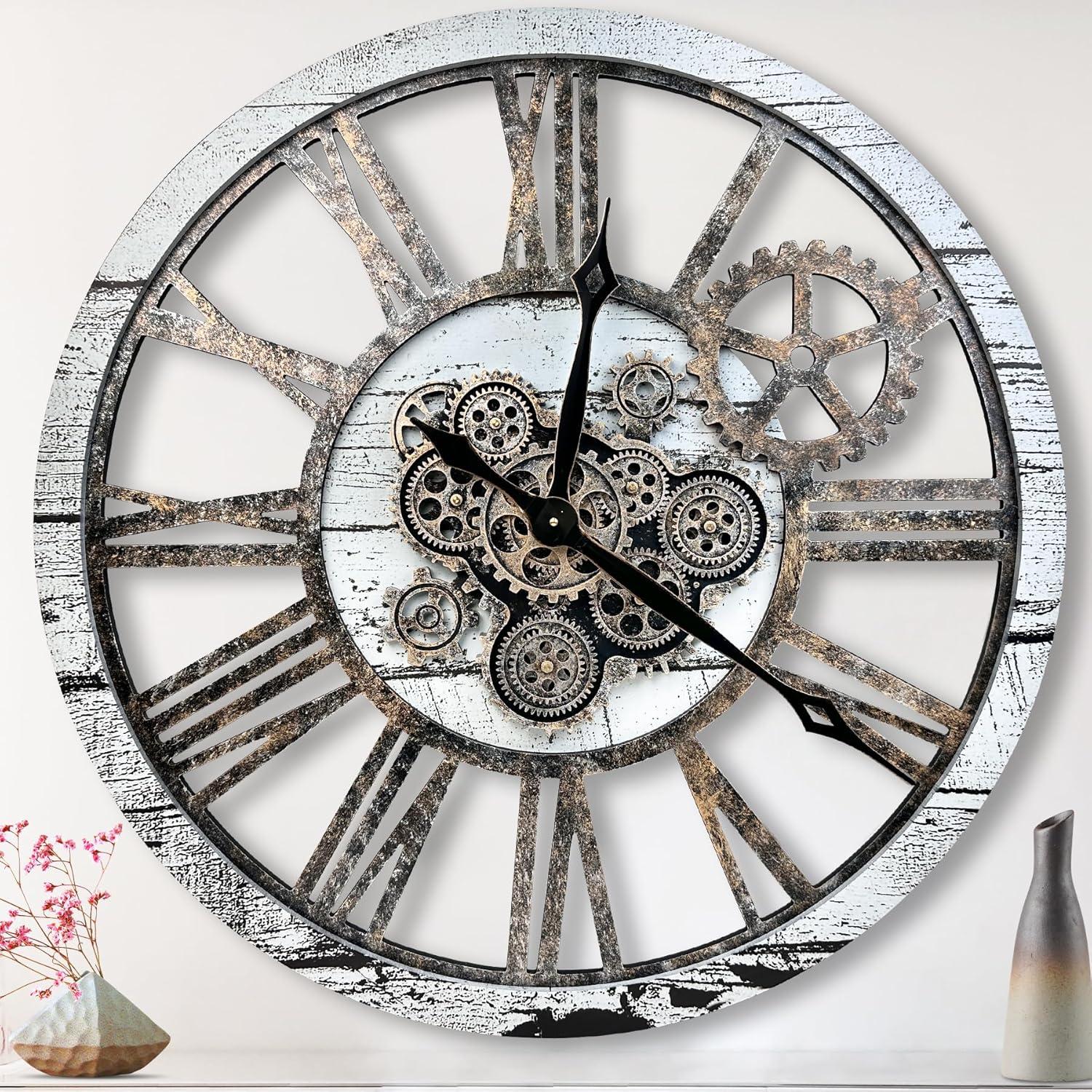 THE GEARS CLOCK Wall Clock with Real Moving Gears AM-LI_ 36 in Round White-Farmhouse