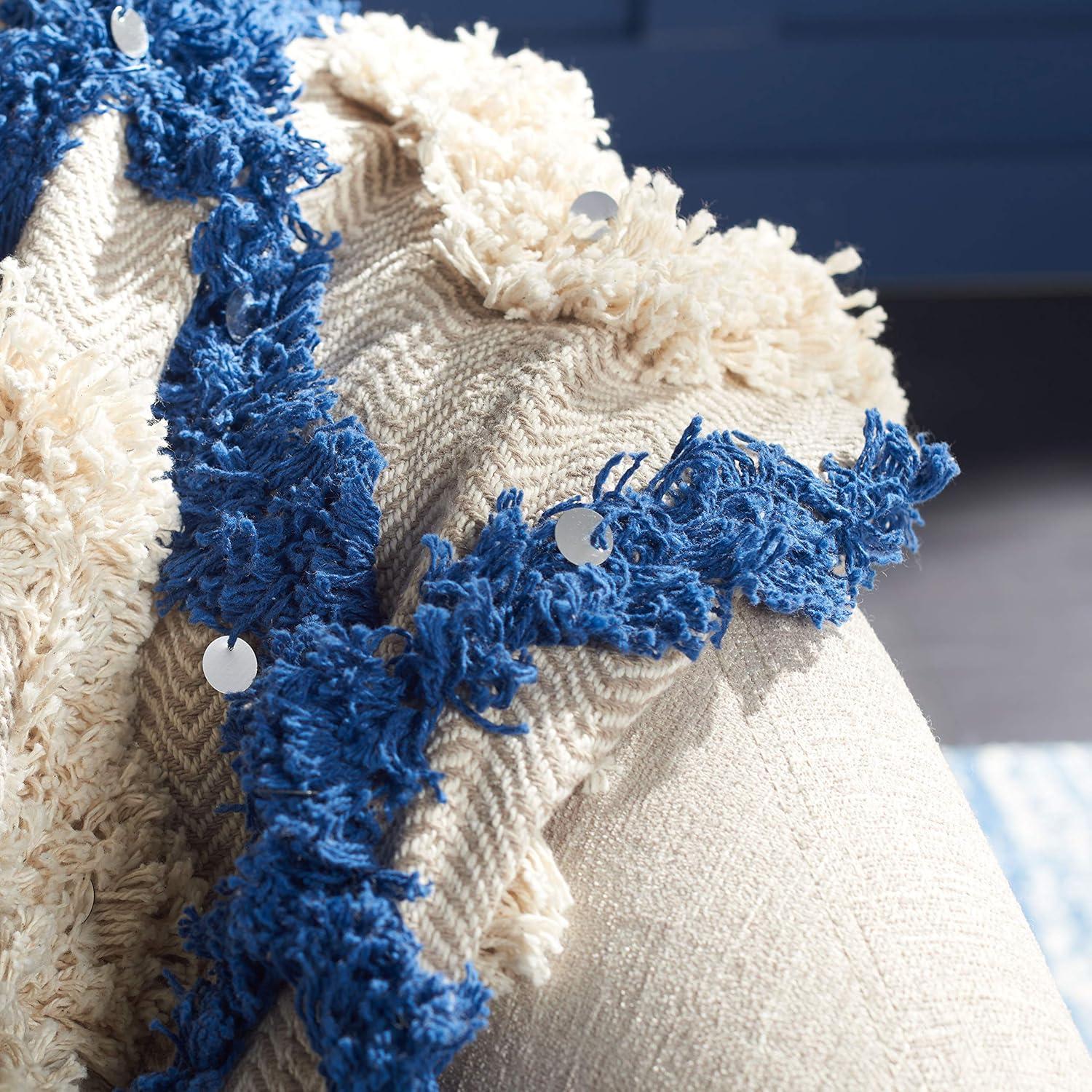 Lila Grace Navy and Beige Cotton Fringe Throw