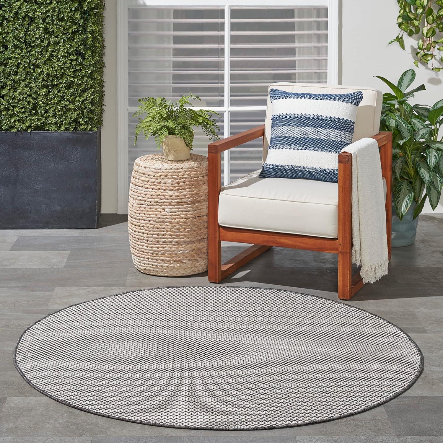 Nourison 4' x 4' Courtyard Modern Easy Care Flatweave Indoor Outdoor Round Rug Ivory/Charcoal