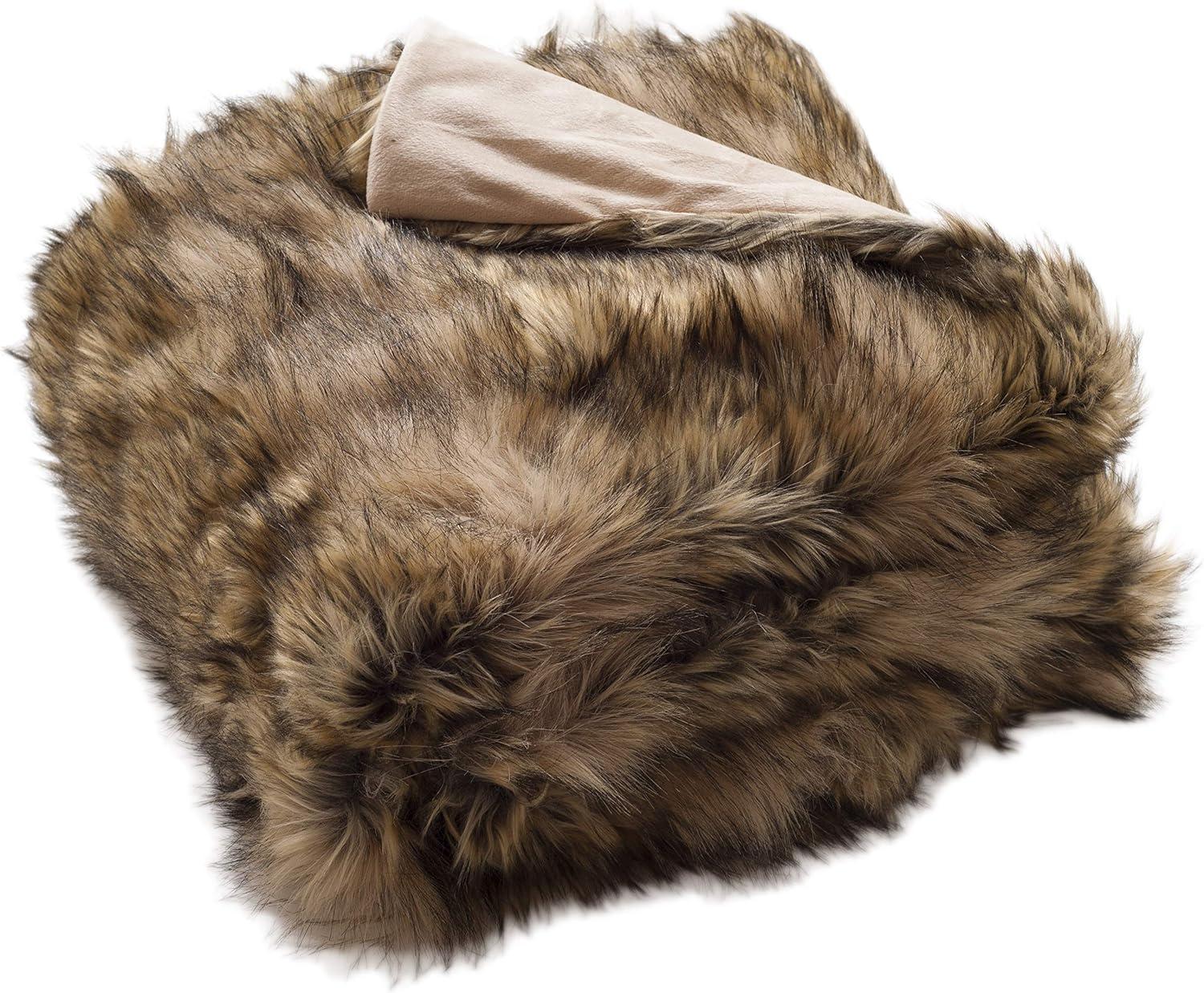 Golden Noir Faux Fur Reversible Throw Blanket, 50" x 60", Brown/Champagne