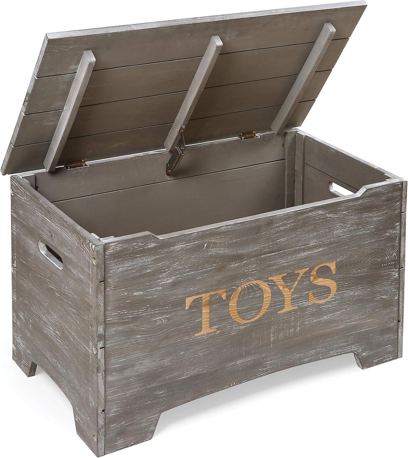 Vintage Gray Solid Wood Rustic Toy Box with Distressed Finish