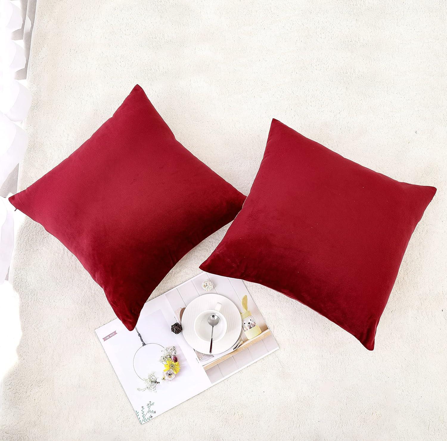 PAVILIA Set of 2 Throw Pillow Covers, Decorative Velvet Square Cushion Cases for Bed Sofa Couch Bedroom Living Room, Red/20 x 20