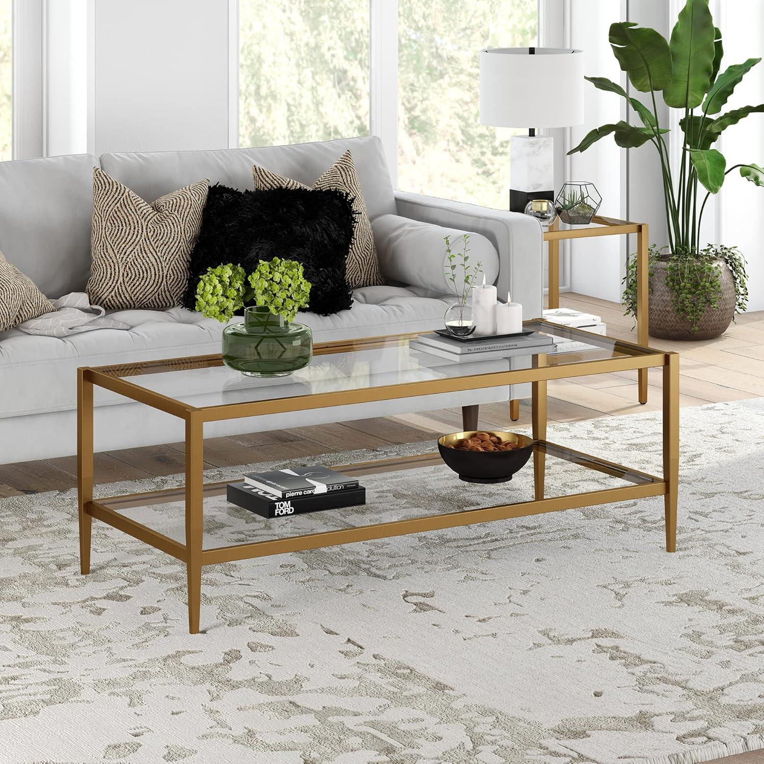 Evelyn&Zoe Hera 45" Wide Rectangular Coffee Table with Glass Shelf, Antique Brass