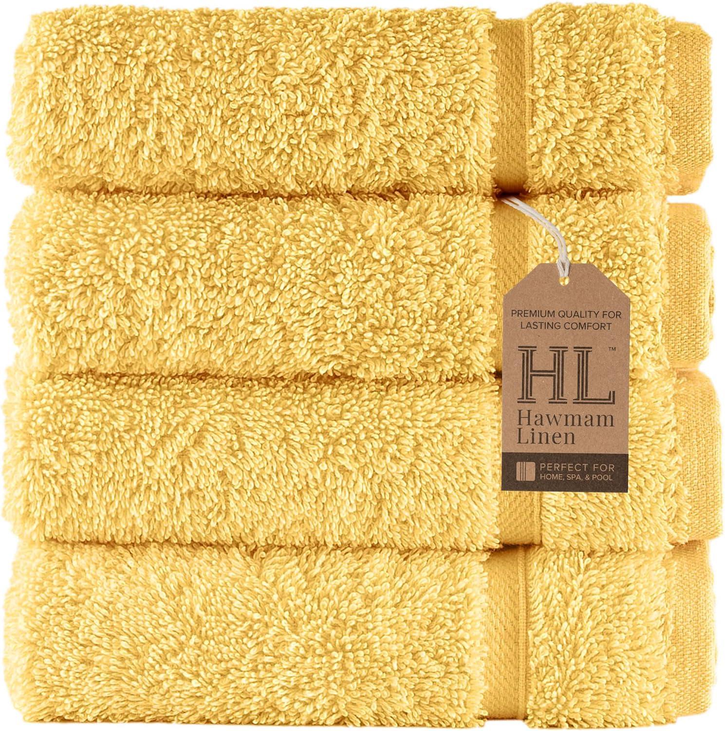 Hawmam Linen Yellow Face Washcloths, Set of 4, 13' x 13', Premium Luxury 100% Turkish Cotton, 600 GSM, Soft Hotel Quality Yellow Towels Bathroom Sets, Versatile For Kitchen, Hand, Cleaning