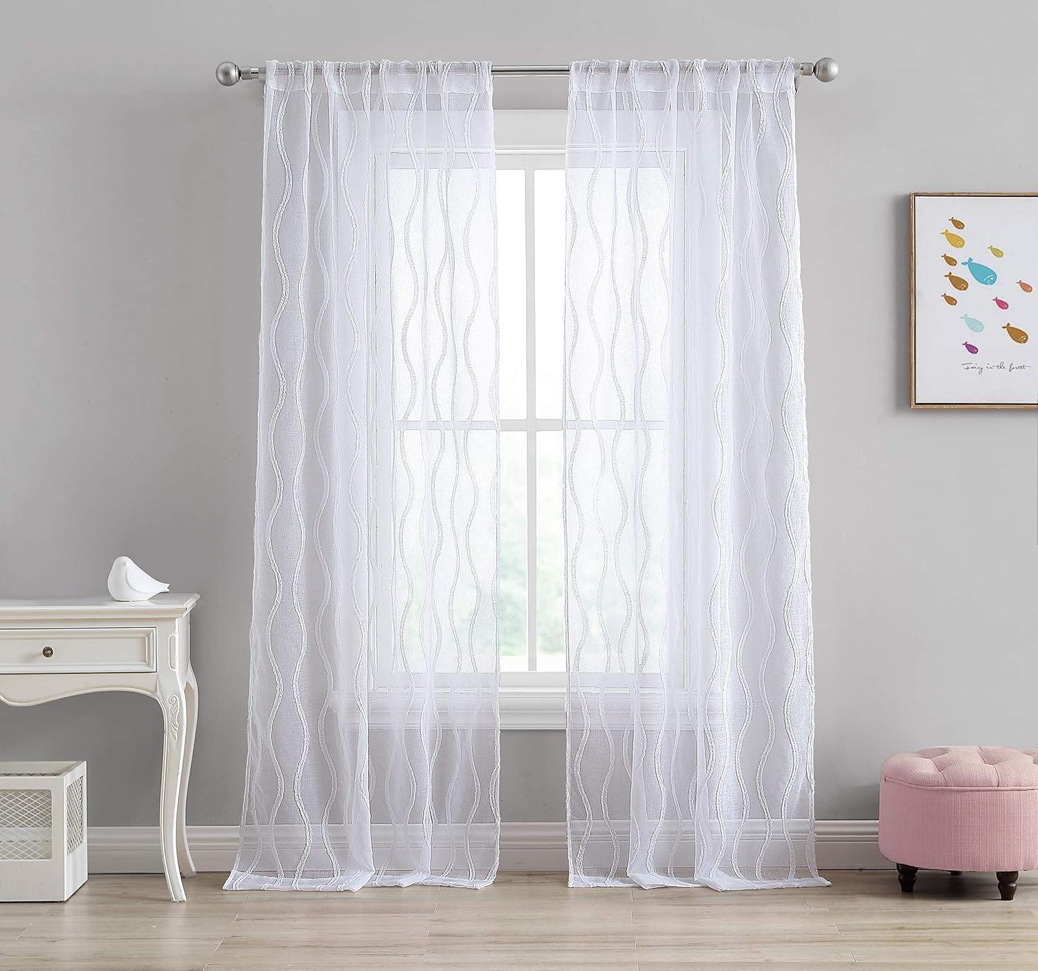 White Sheer Wavy Rod Pocket Window Curtain Panels, 38" x 84"