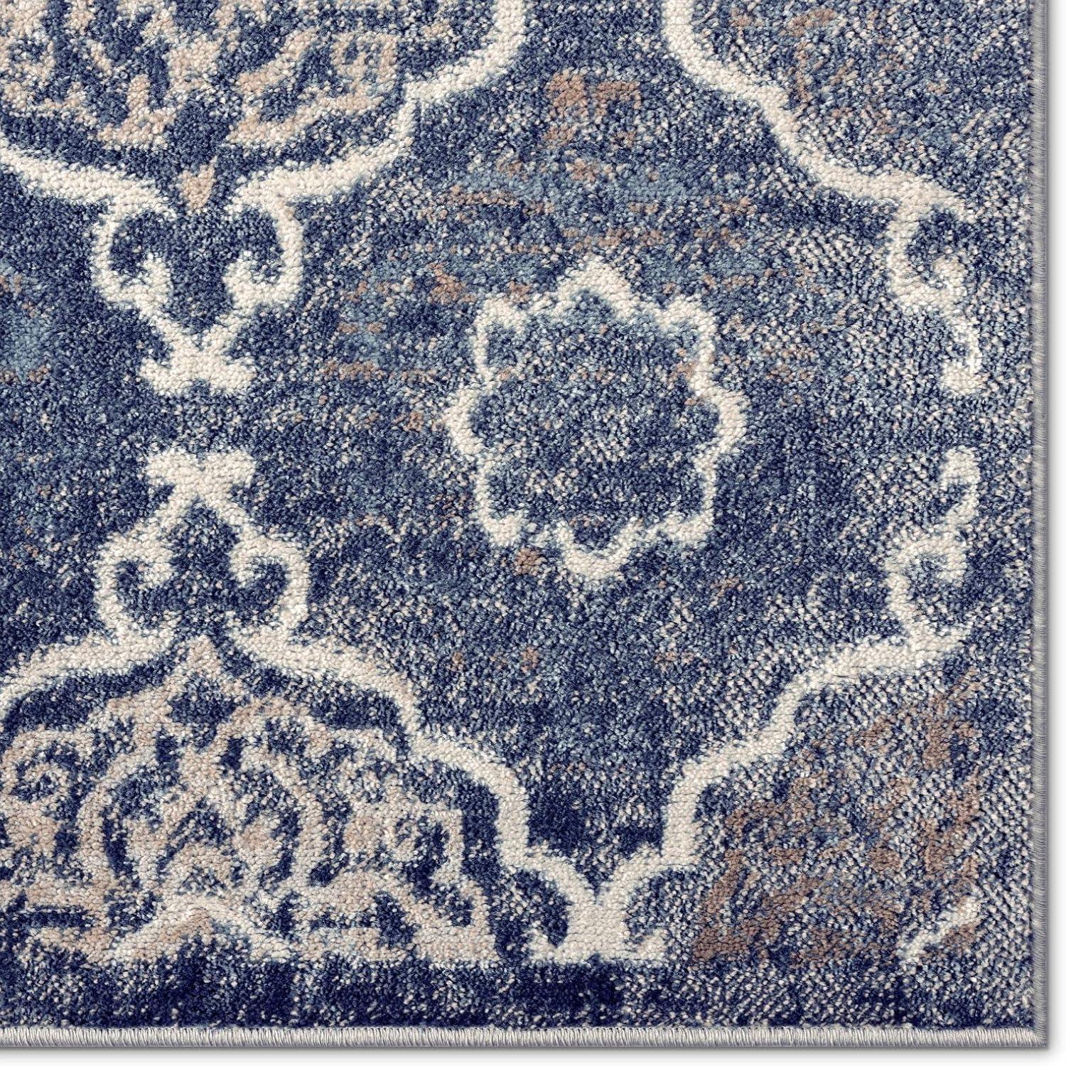 Ivory and Navy Blue Tufted Medallion Synthetic Area Rug, 5'2"x7'2"