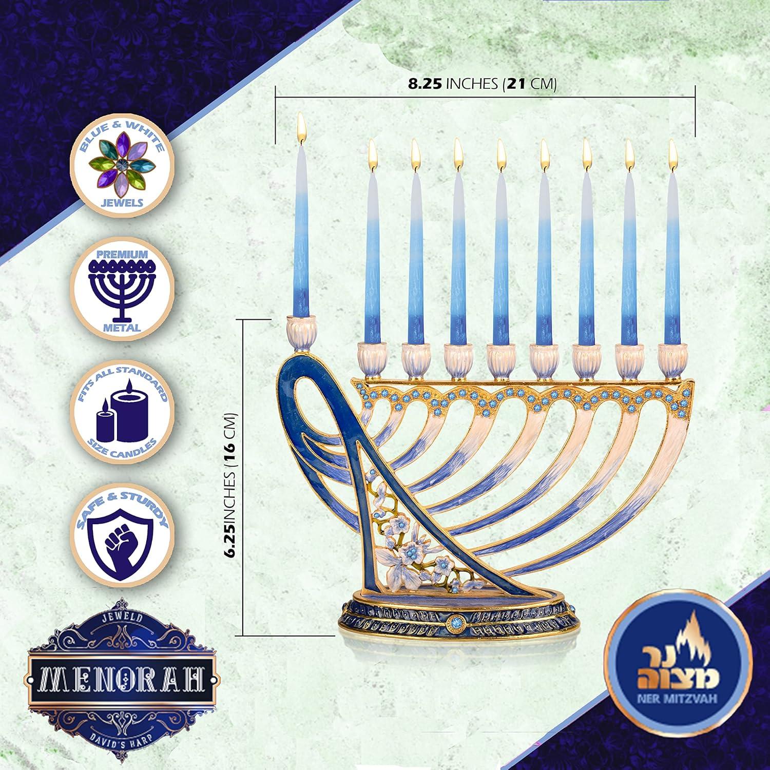 Hanukkah Menorah - Fits All Standard Chanukah Candles - Modern Jeweled Candle Menorahs for Chanukah - David's Harp