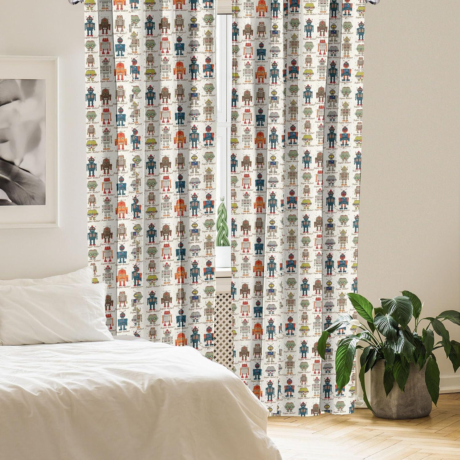 Robot Print Semi-Sheer Polyester Rod Pocket Curtain Panels