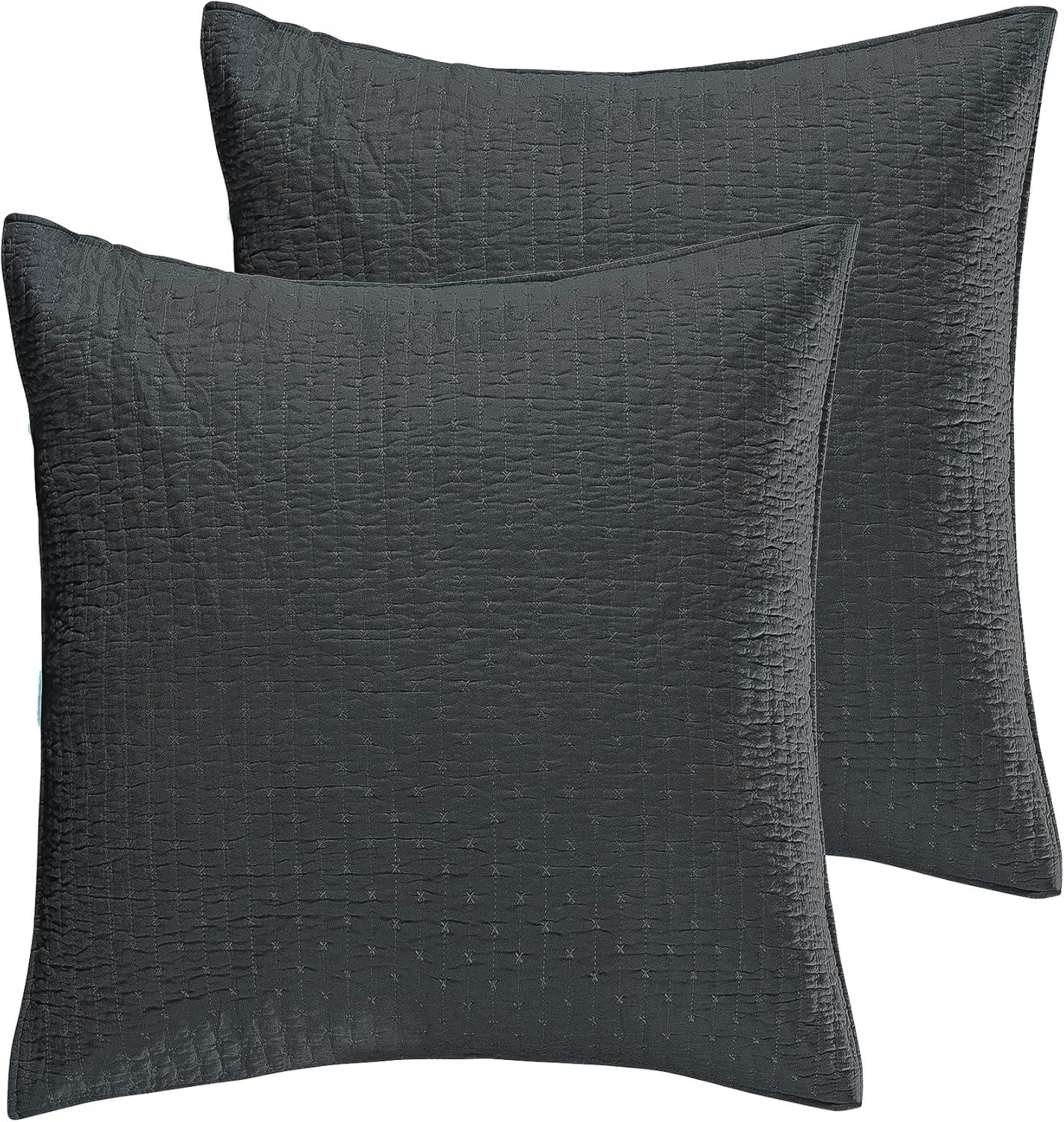 Charcoal Grey Cotton Euro Sham Set with Simple Cross Stitch - 26x26