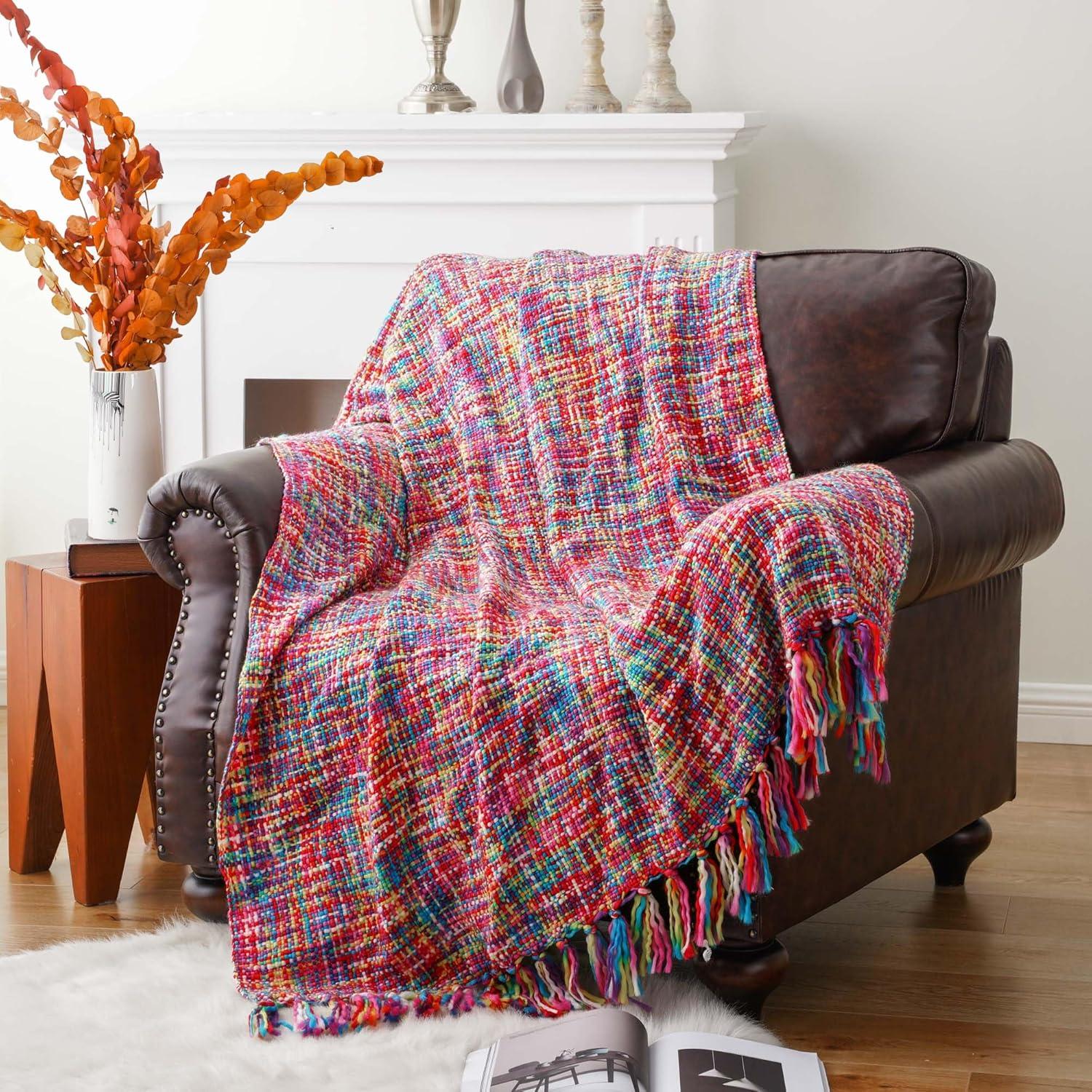 Brick Red Knitted Acrylic Throw Blanket with Fringes, 50"x60"