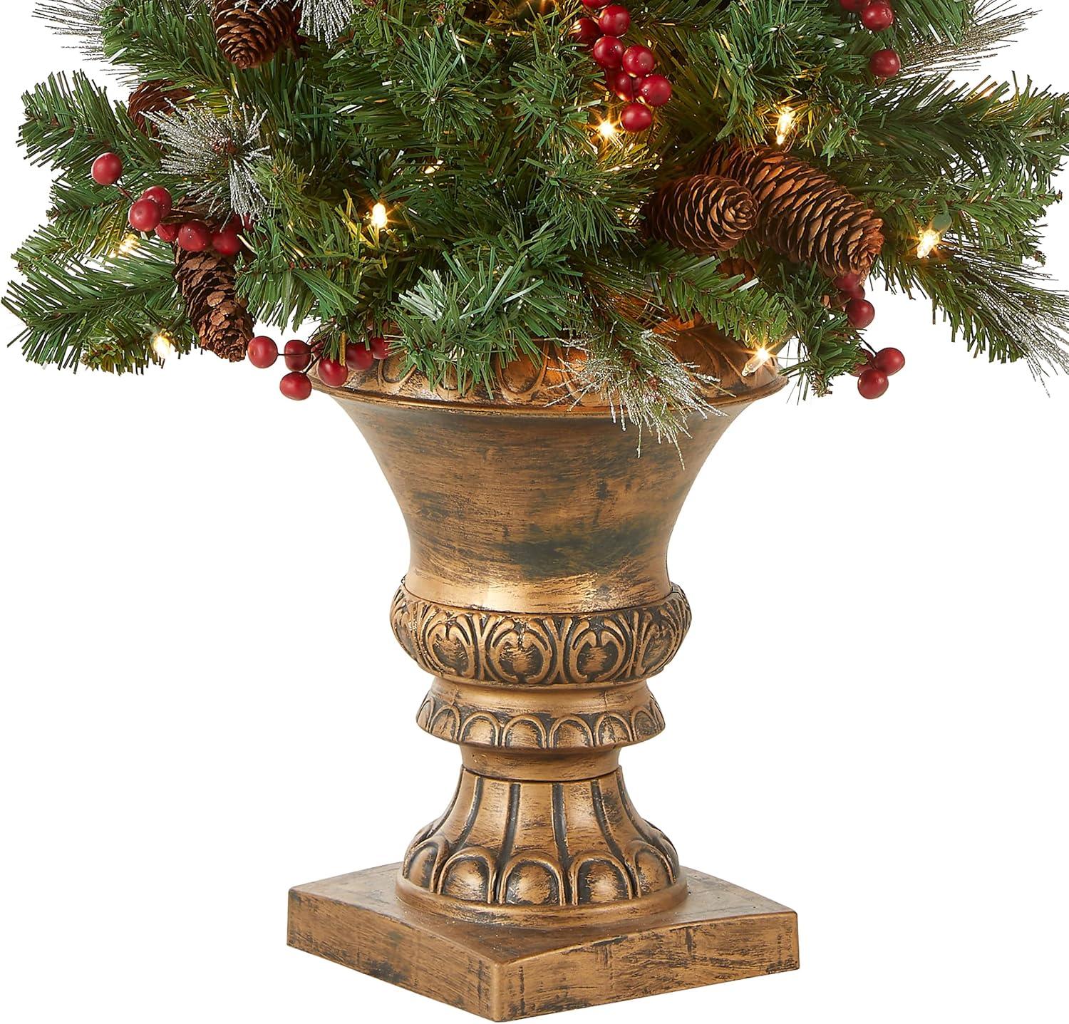 Prelit Flocked Crestwood Spruce Artificial Christmas Tree in Pot with Cones and Berries Clear Lights - National Tree Company