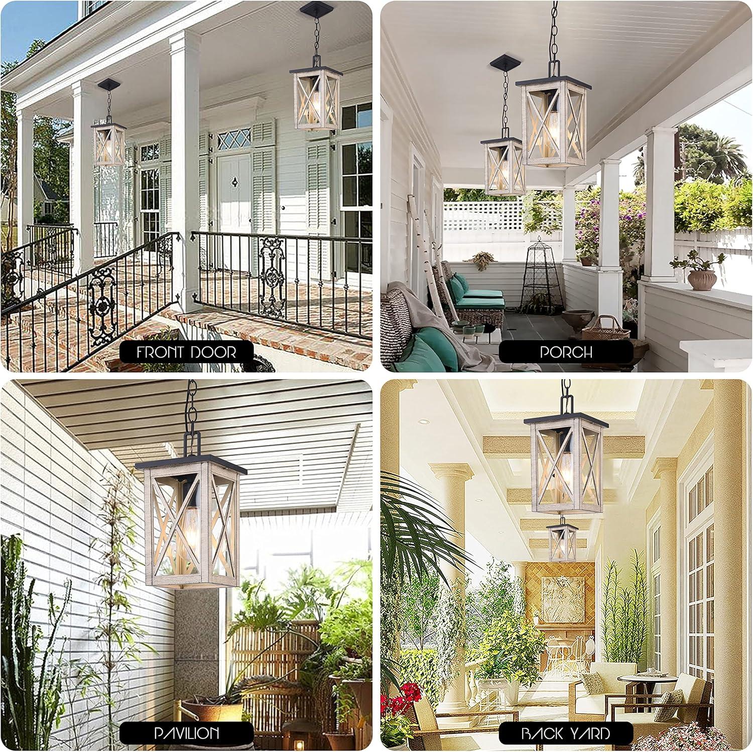 Light Wood Grain Glass Outdoor Pendant Lantern