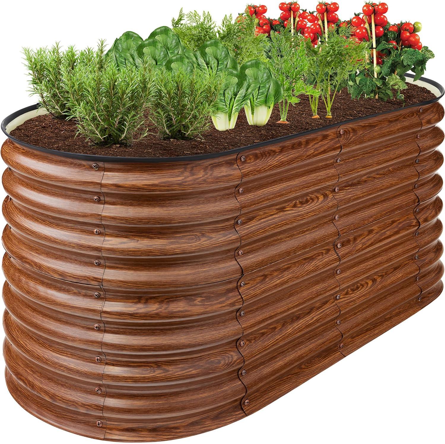 Best Choice Products 4x2x2ft Outdoor Raised Metal Oval Garden Bed, Planter Box for Vegetables, Flowers - Wood Grain