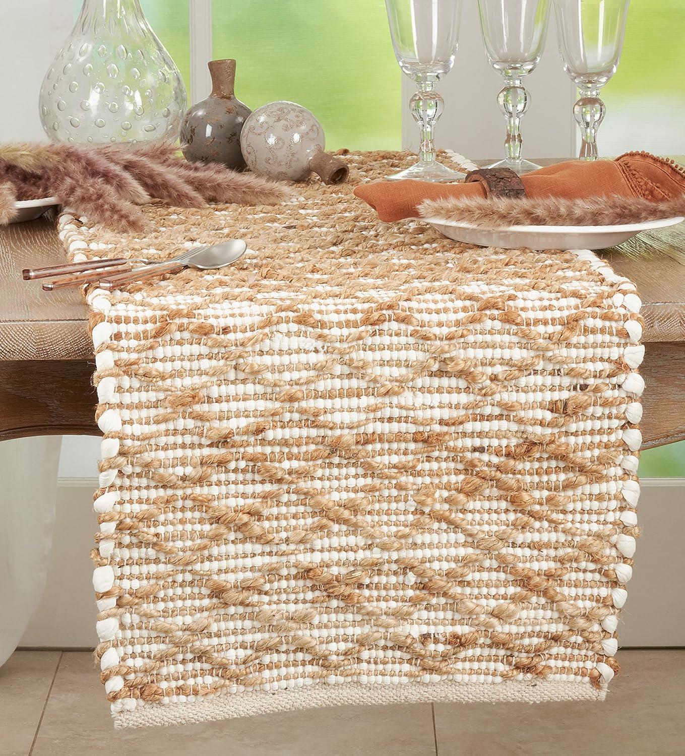 Fennco Styles Diamond Chindi Textured Table Runner 16" W x 72" L - Ivory Jute Cotton Woven Table Cover for Home, Dining Room, Banquets, Family Gathering and Special Occasion