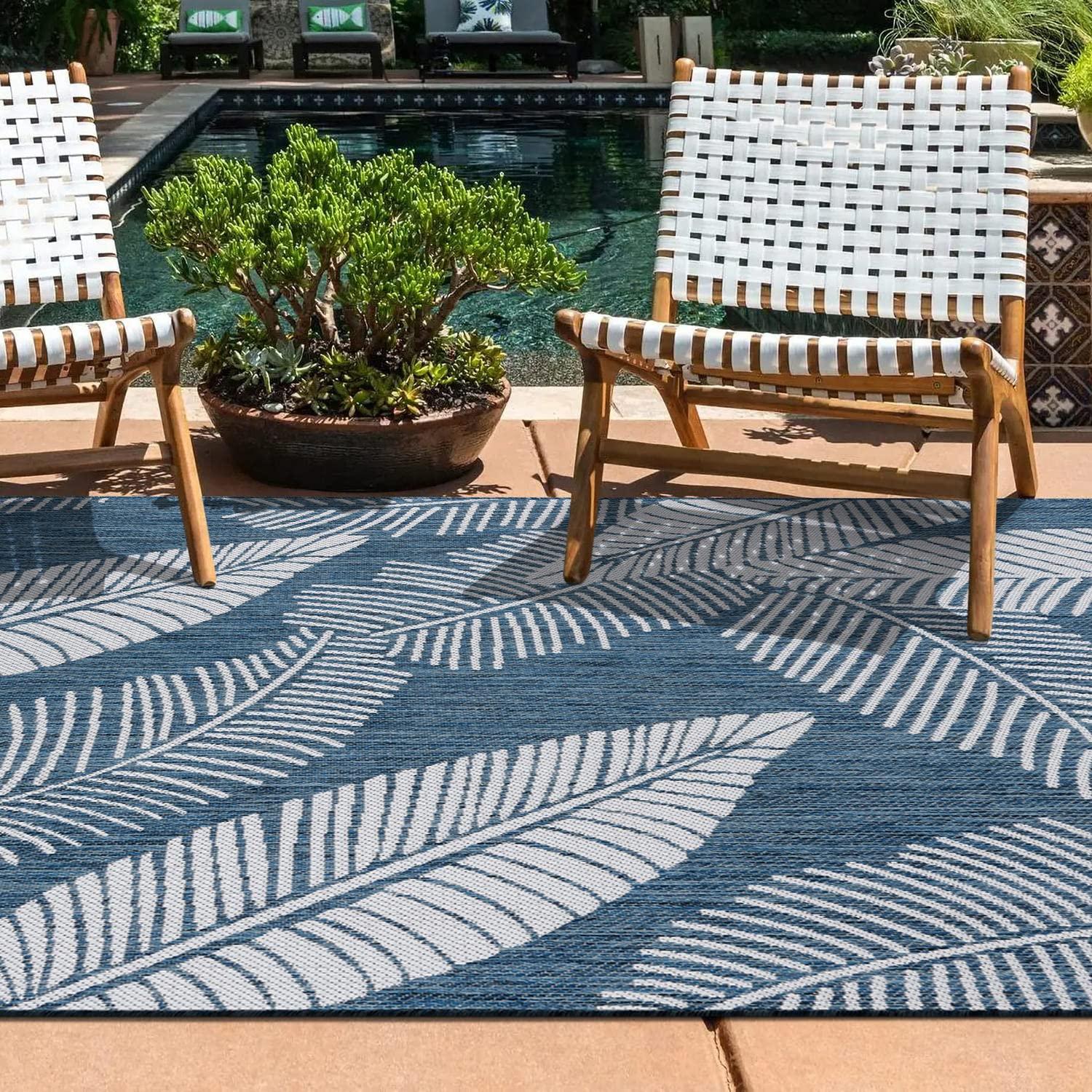 World Rug Gallery Distressed Palm Leaves Textured Flat Weave Indoor/Outdoor Area Rug - NAVY 7'10"X10'