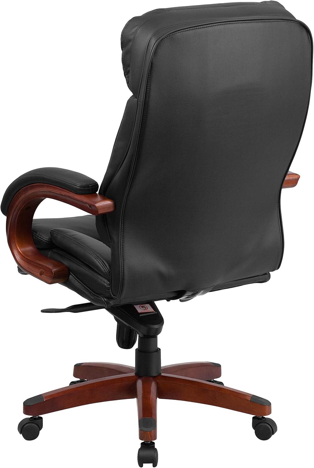 High Back Black Leather Executive Swivel Office Chair with Mahogany Wood Base