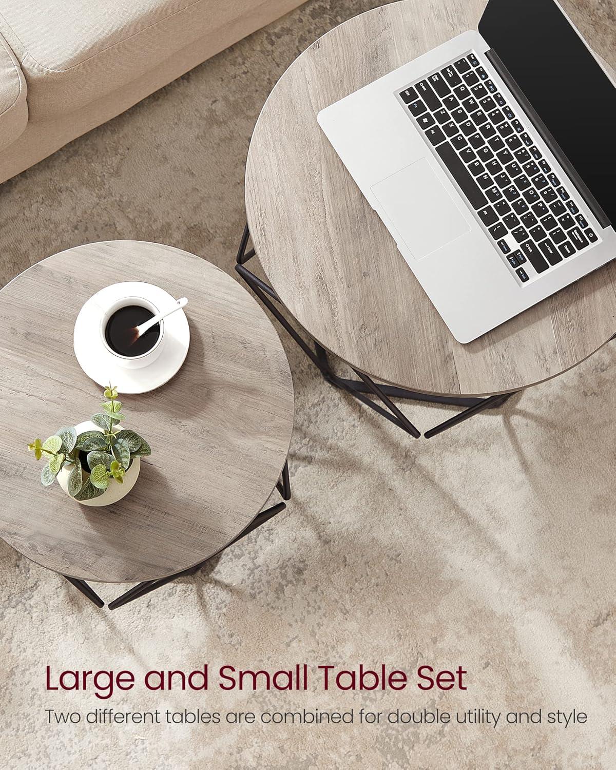 Greige and Black Round Wood Metal Nesting Coffee Tables