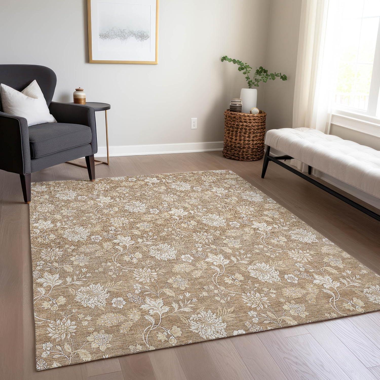 Copper Floral Synthetic 5' x 7' Washable Area Rug