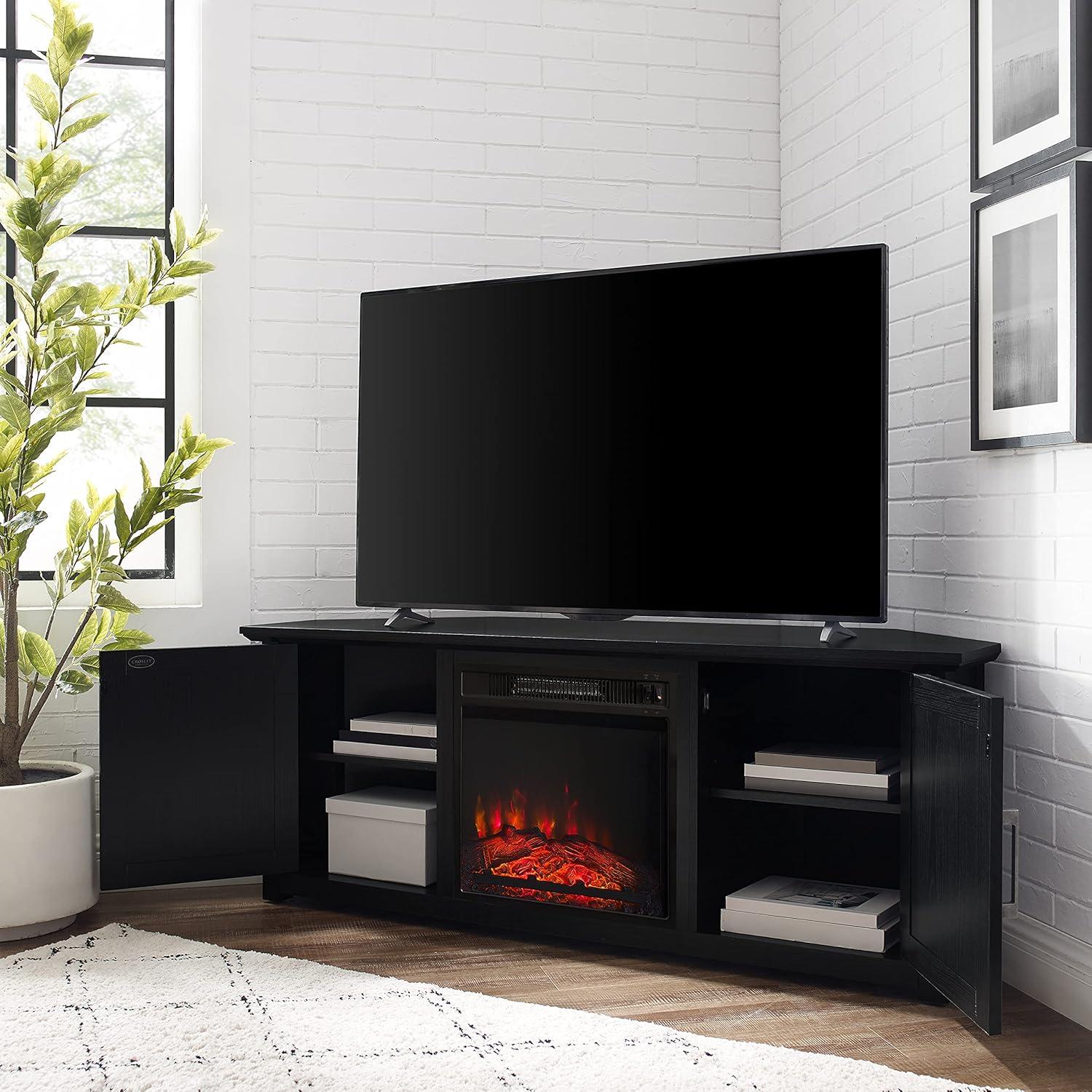 Crosley Camden Corner TV Stand for TVs up to 60" with Fireplace Black: Mid-Century Modern Entertainment Center, Cable Management