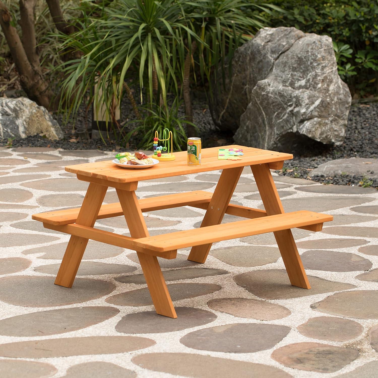 Gardenised Wooden Kids Outdoor Picnic Table for Garden and Backyard, Stained