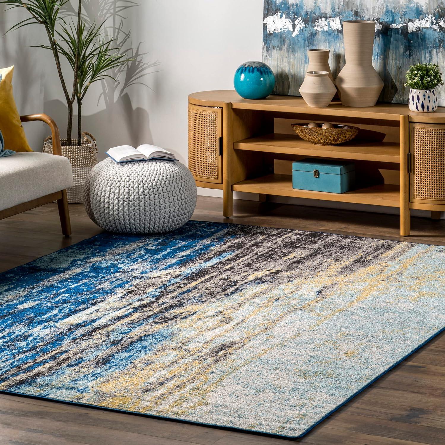 Modern Abstract Blue 8' Square Synthetic Area Rug