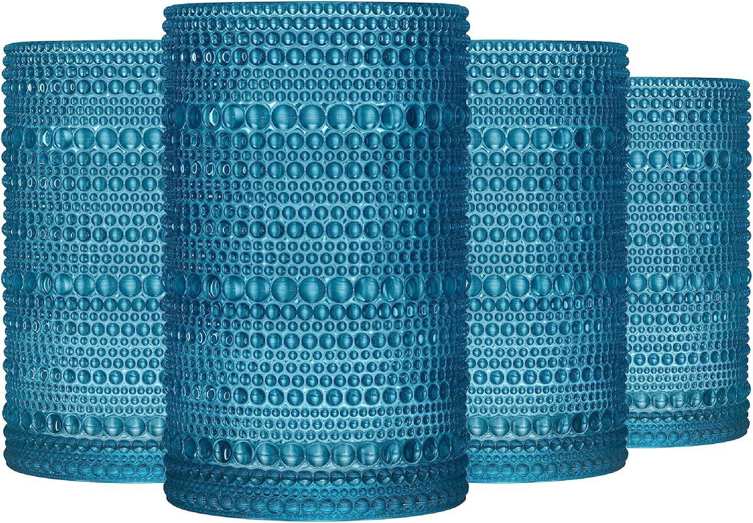 Blue Double Walled Hobnail Highball Glasses Set of 4