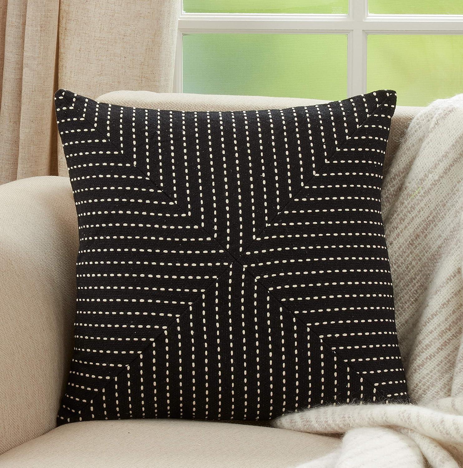 Black and White Patchwork Stitch Square Cotton Throw Pillow