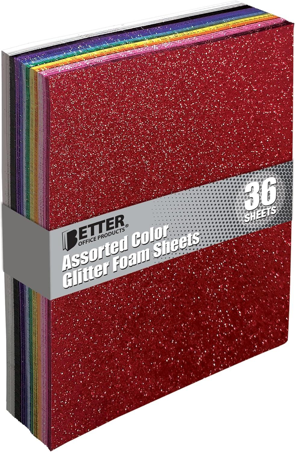 36 Pack Glitter Foam Sheets, 9 x 12 Inch, by Better Office Products, Assorted 12 Colors, for Arts and Crafts, 36 Sheets