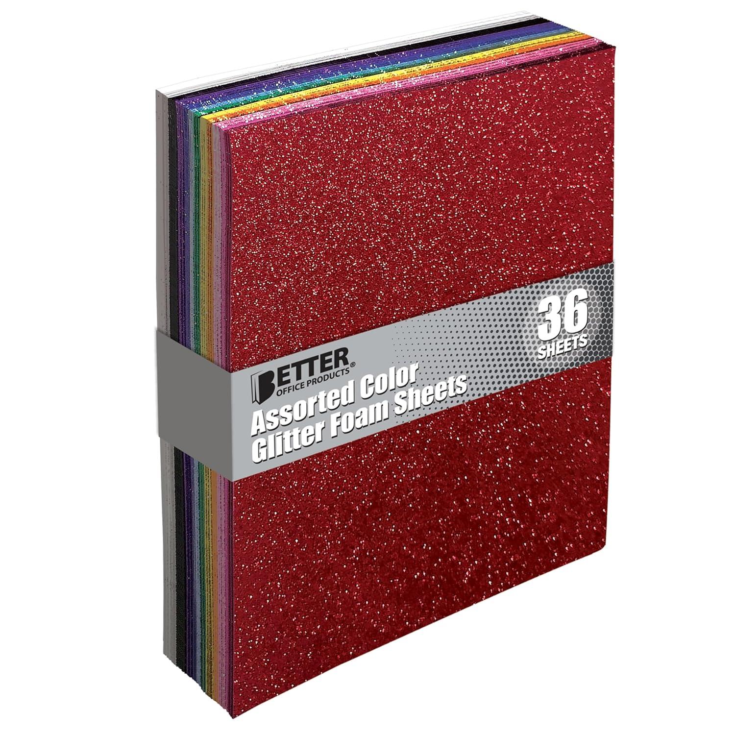 36 Pack Glitter Foam Sheets, 9 x 12 Inch, by Better Office Products, Assorted 12 Colors, for Arts and Crafts, 36 Sheets