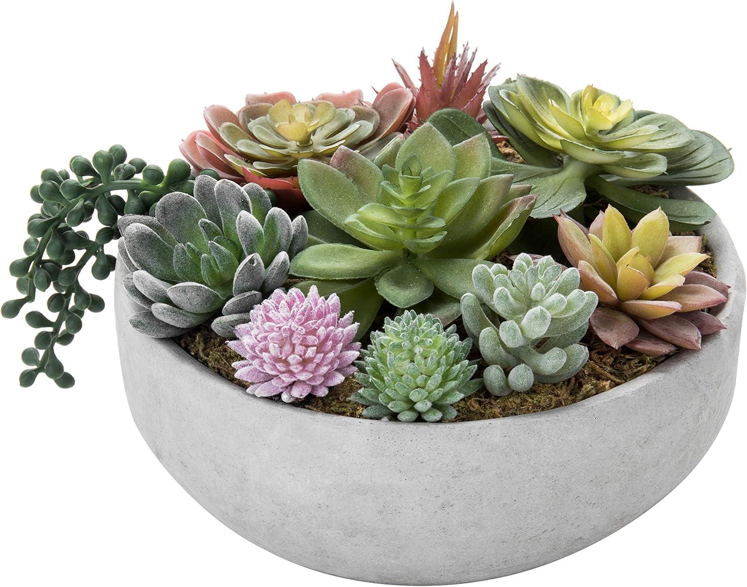 8-Inch Round Gray Concrete Pot with Assorted Faux Succulents